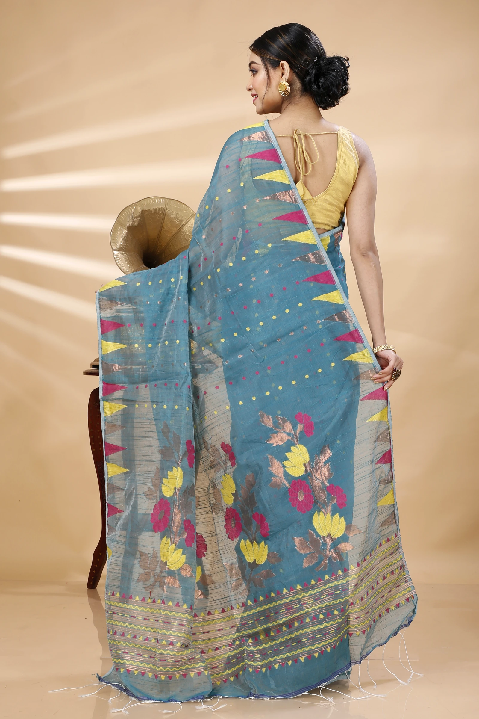 Dark Green Blended Cotton Pilu Hand Loom Saree (1402)