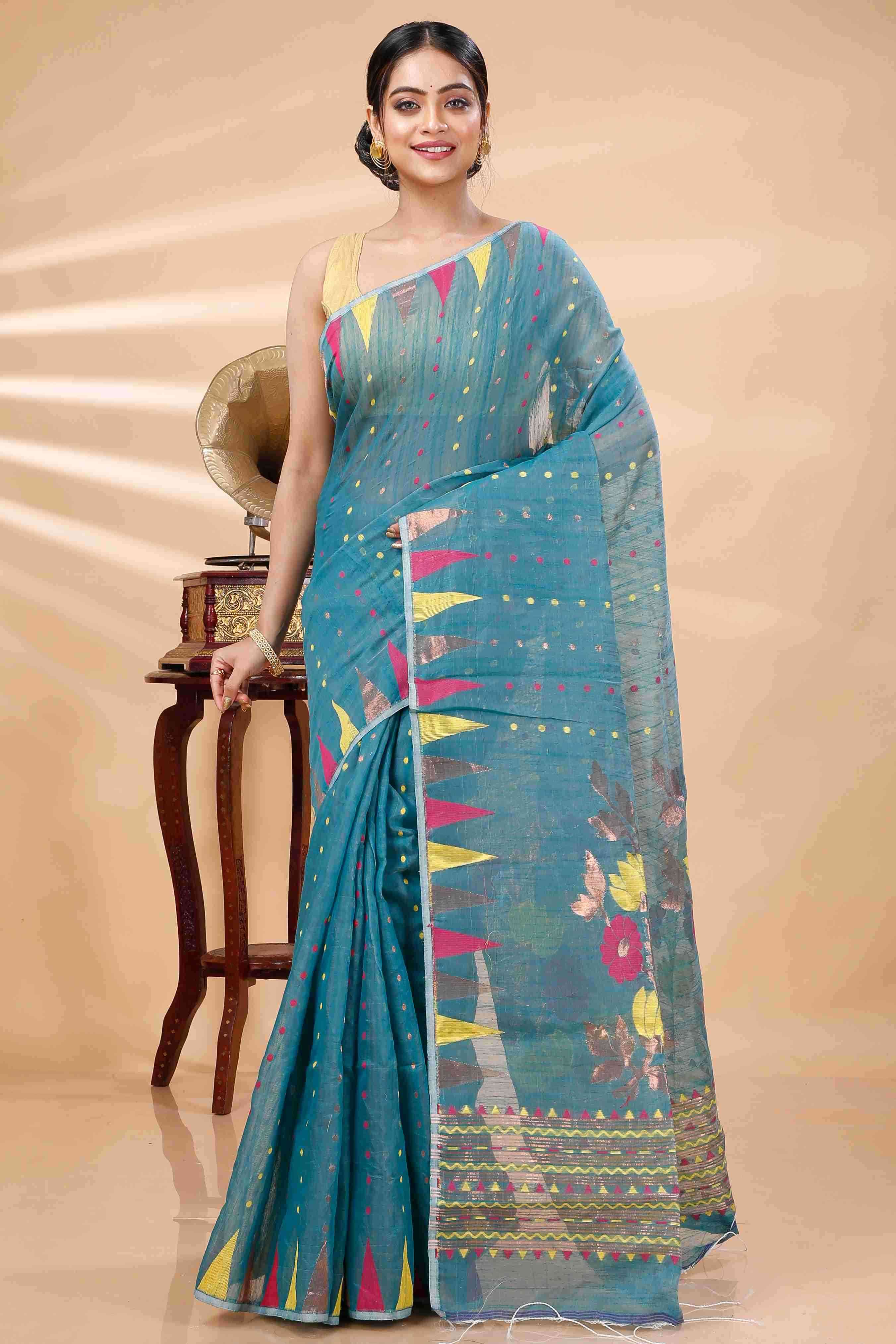 Dark Green Blended Cotton Pilu Hand Loom Saree (1402)