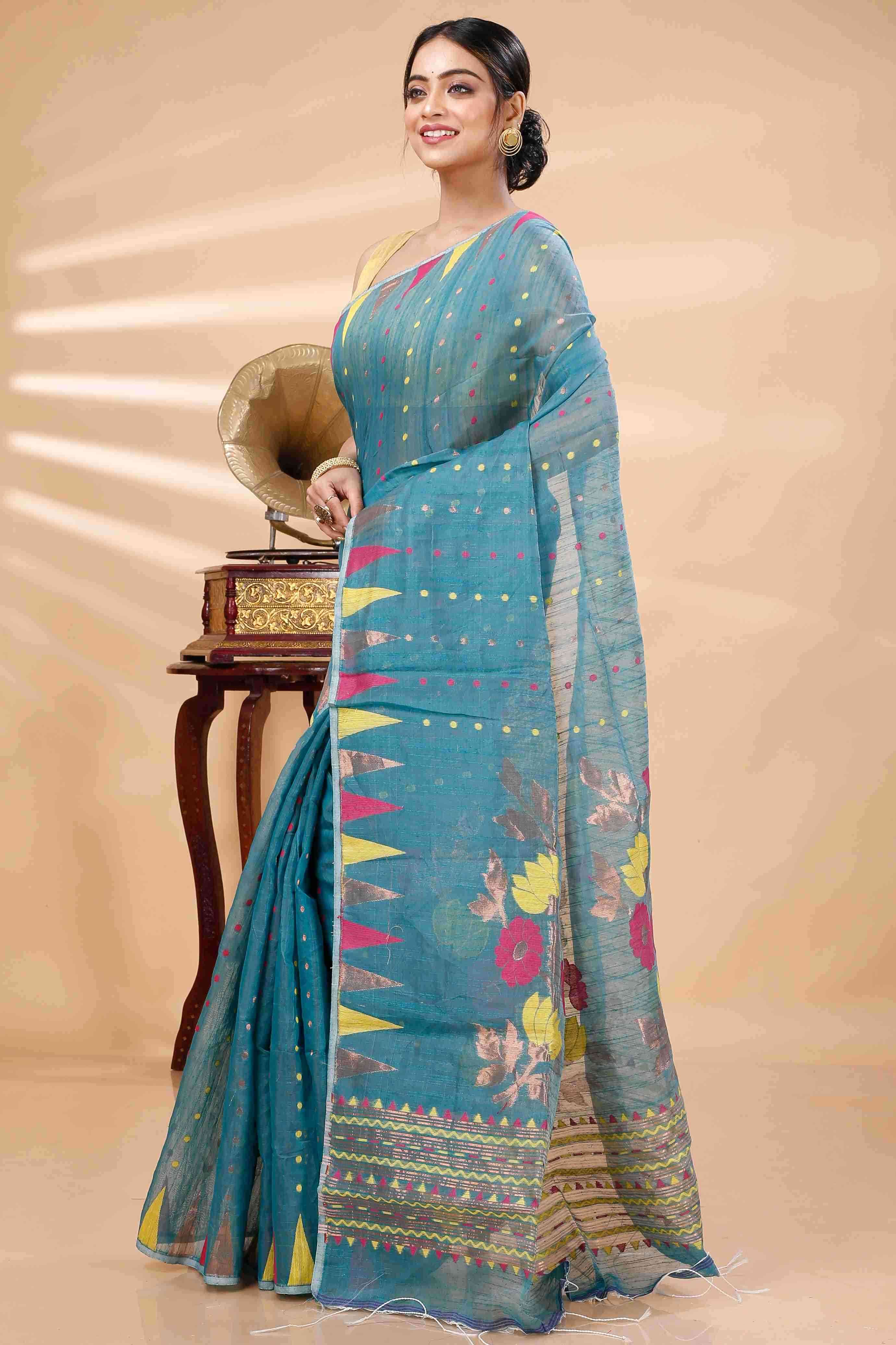 Dark Green Blended Cotton Pilu Hand Loom Saree (1402)