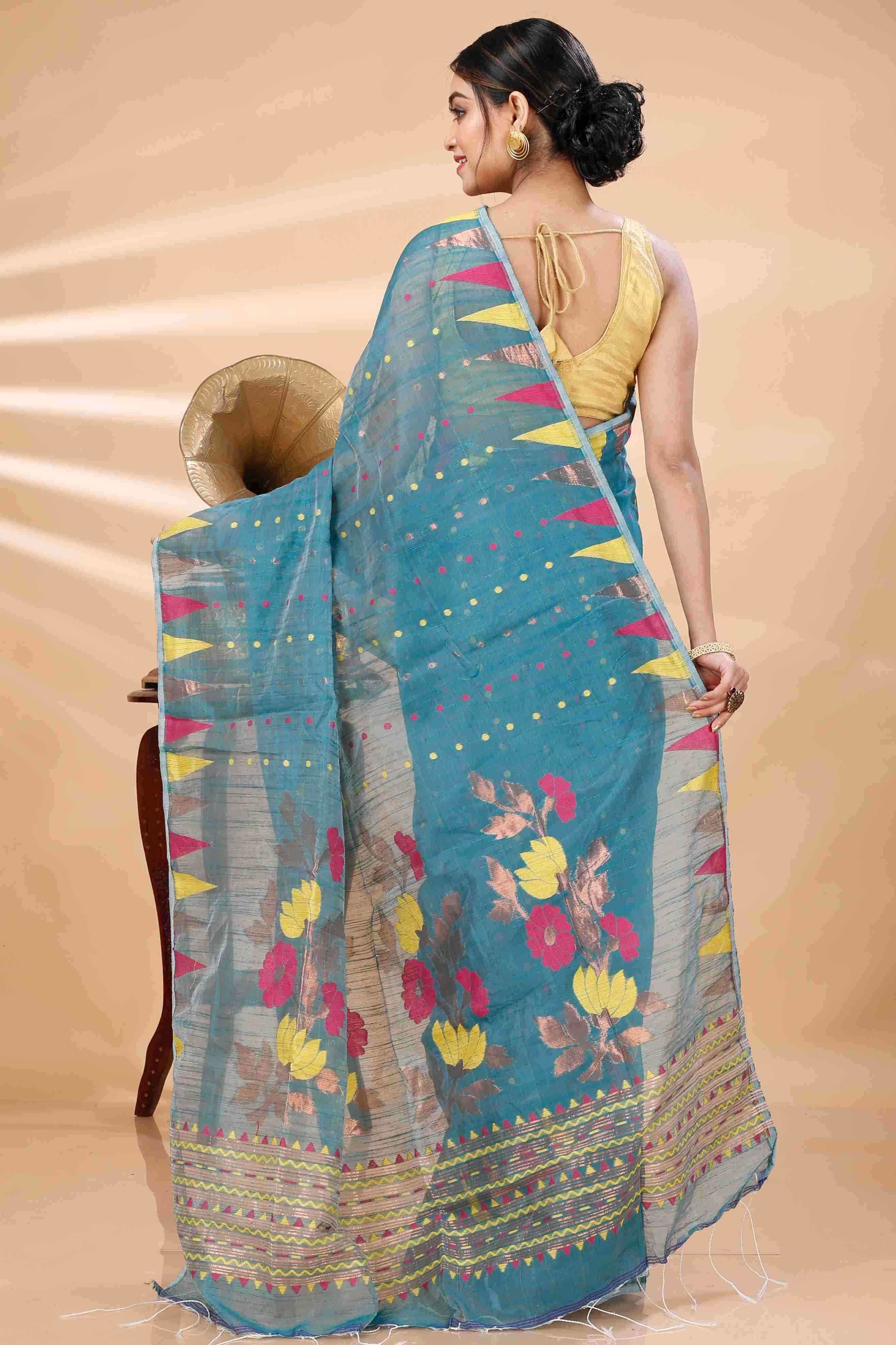 Dark Green Blended Cotton Pilu Hand Loom Saree (1402)