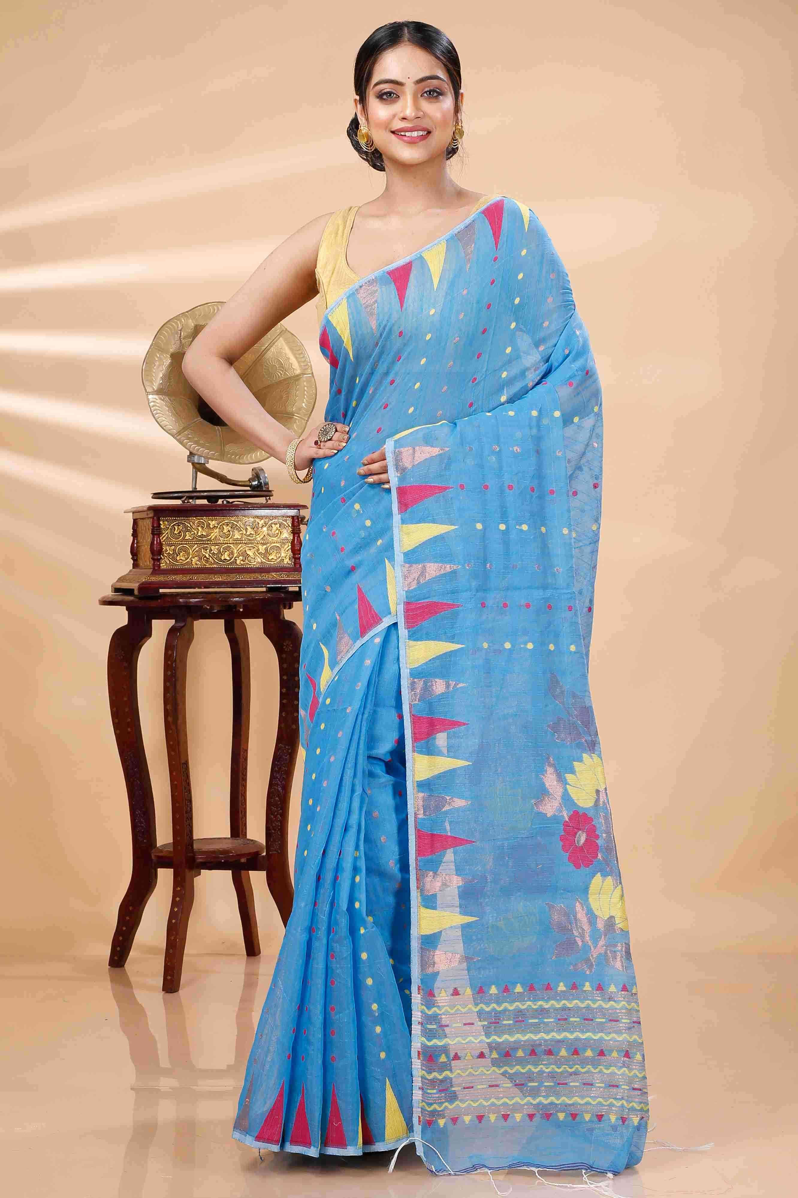 Sky Blue Blended Cotton Pilu Hand Loom Saree (1403)