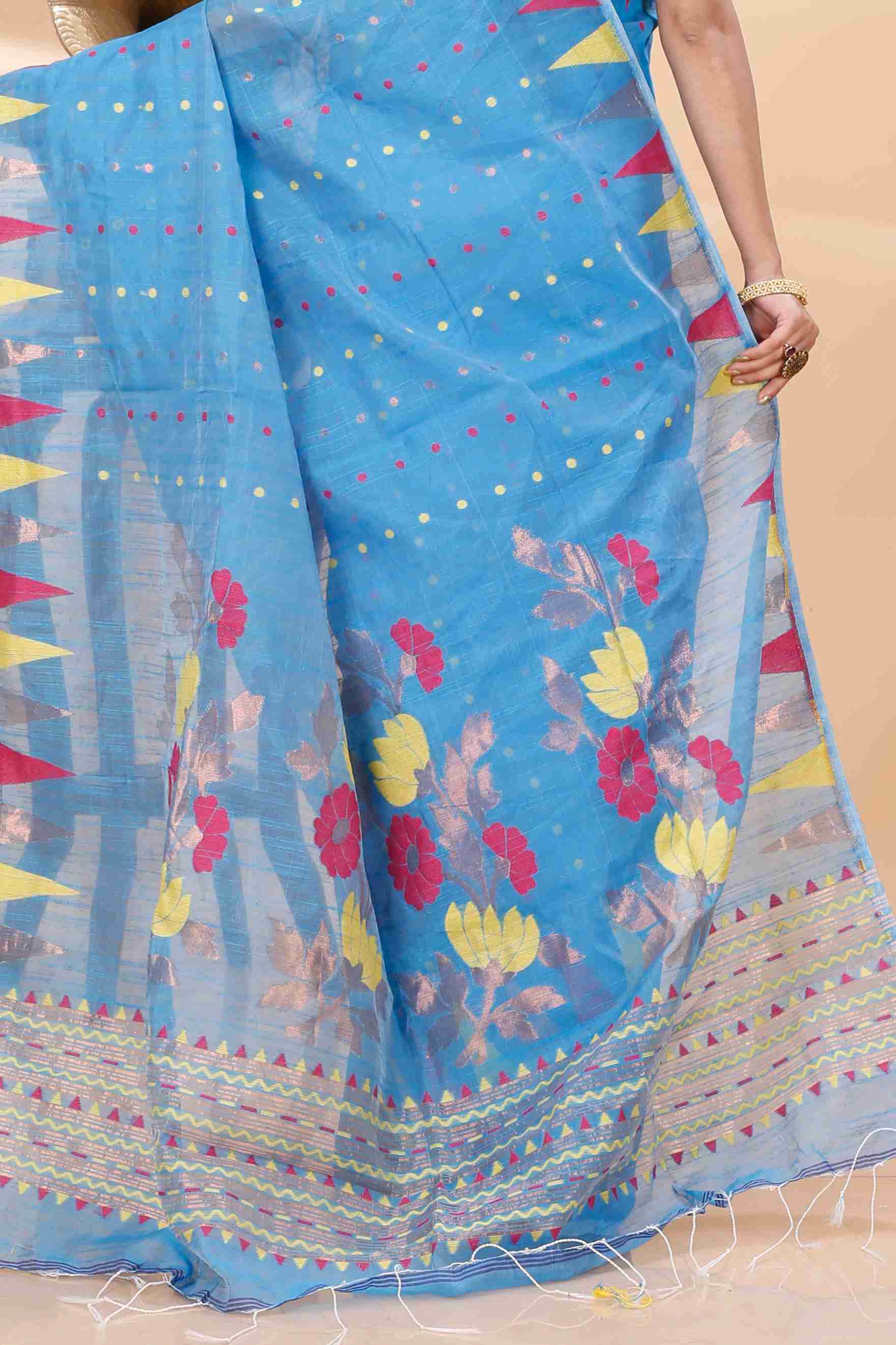 Sky Blue Blended Cotton Pilu Hand Loom Saree (1403)