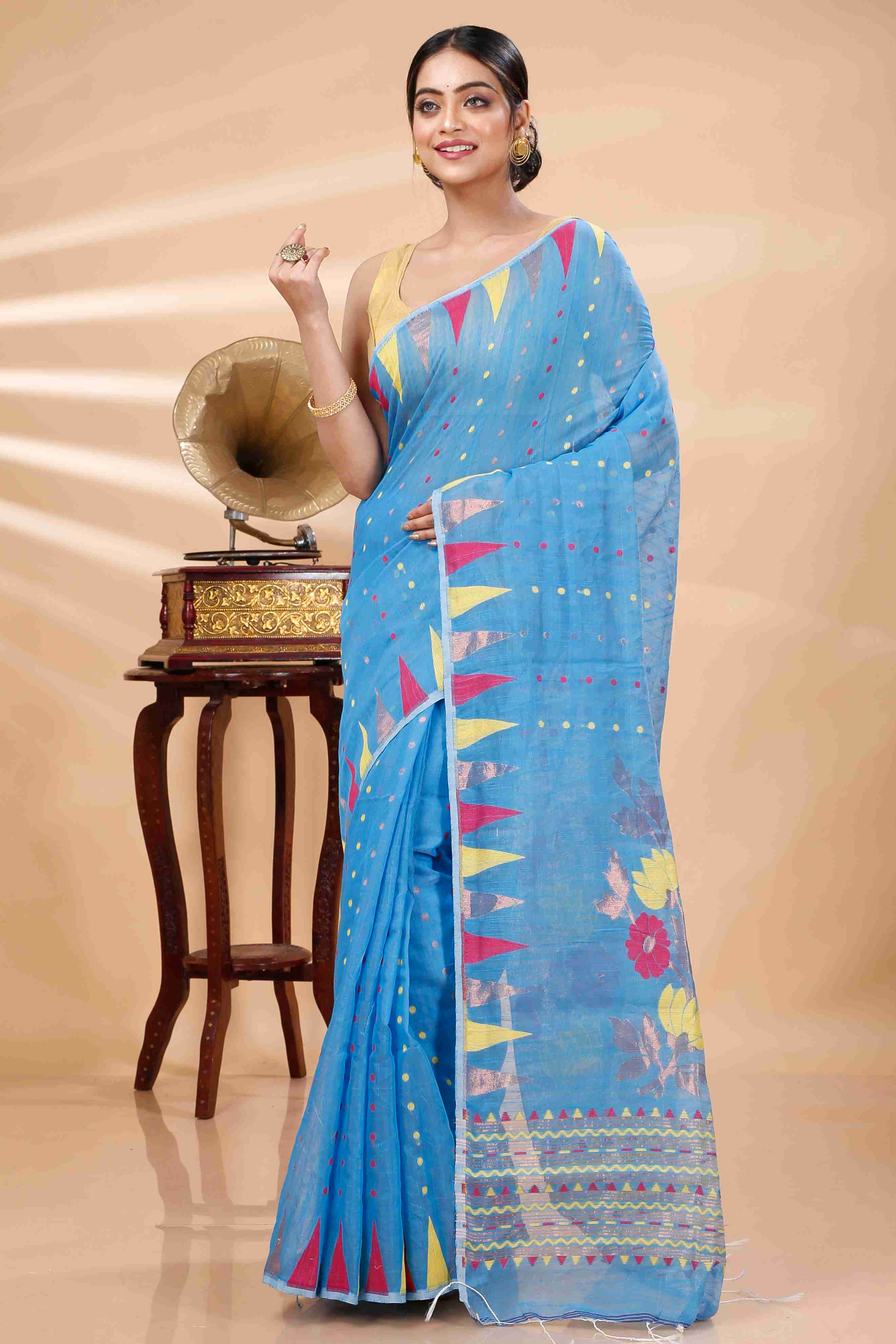 Sky Blue Blended Cotton Pilu Hand Loom Saree (1403)