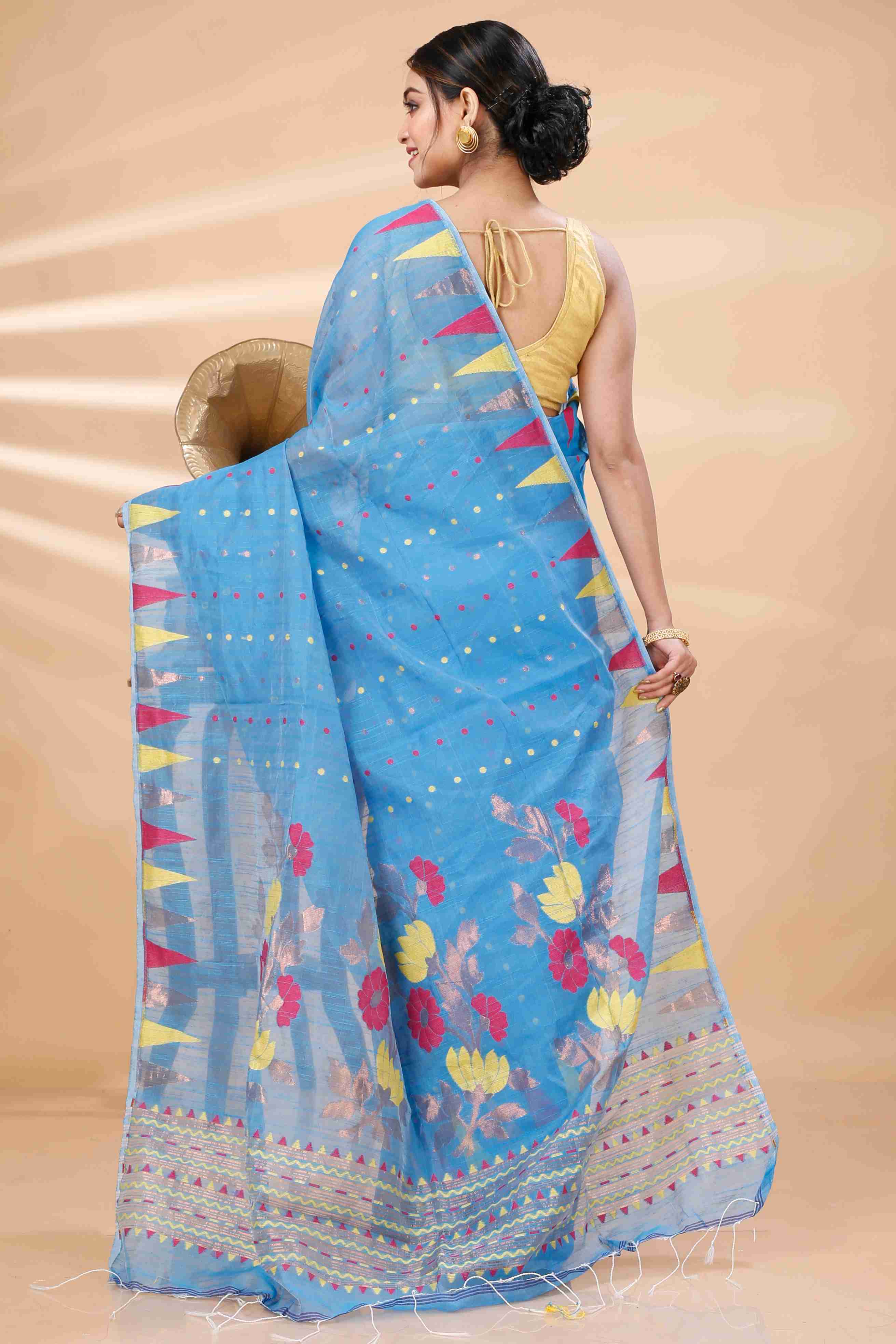 Sky Blue Blended Cotton Pilu Hand Loom Saree (1403)