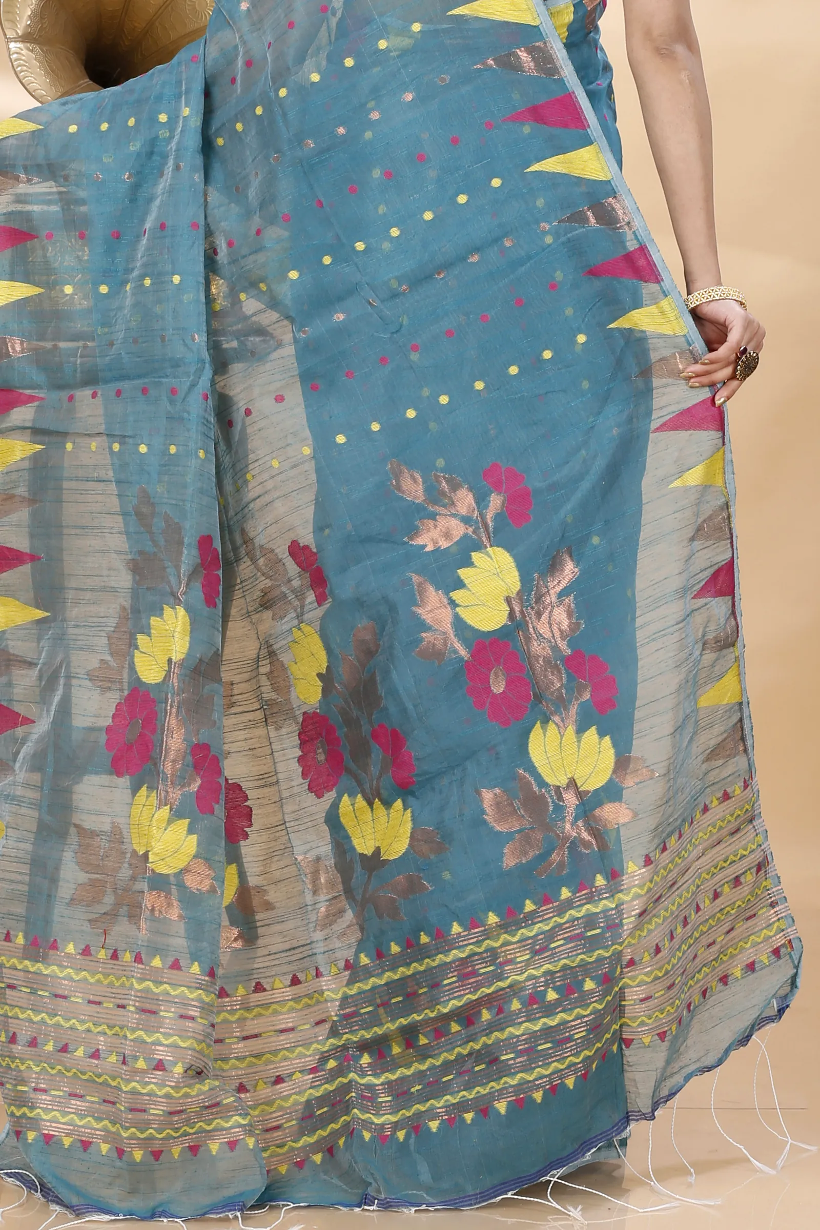 White Blended Cotton Pilu Hand Loom Saree (1404)