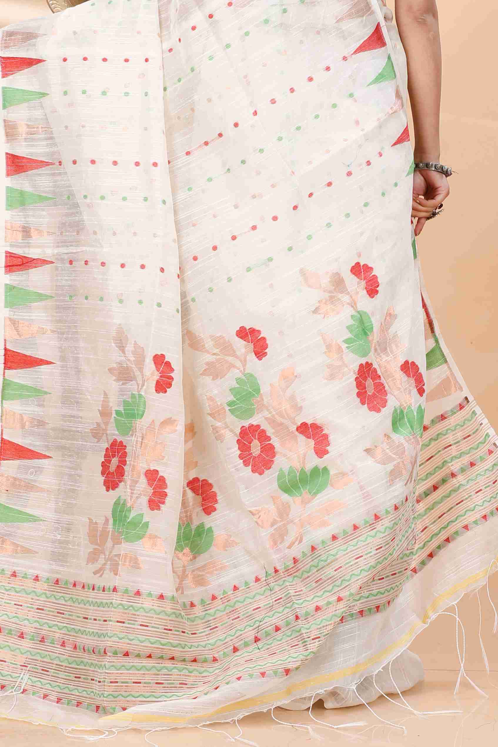 White Blended Cotton Pilu Hand Loom Saree (1404)