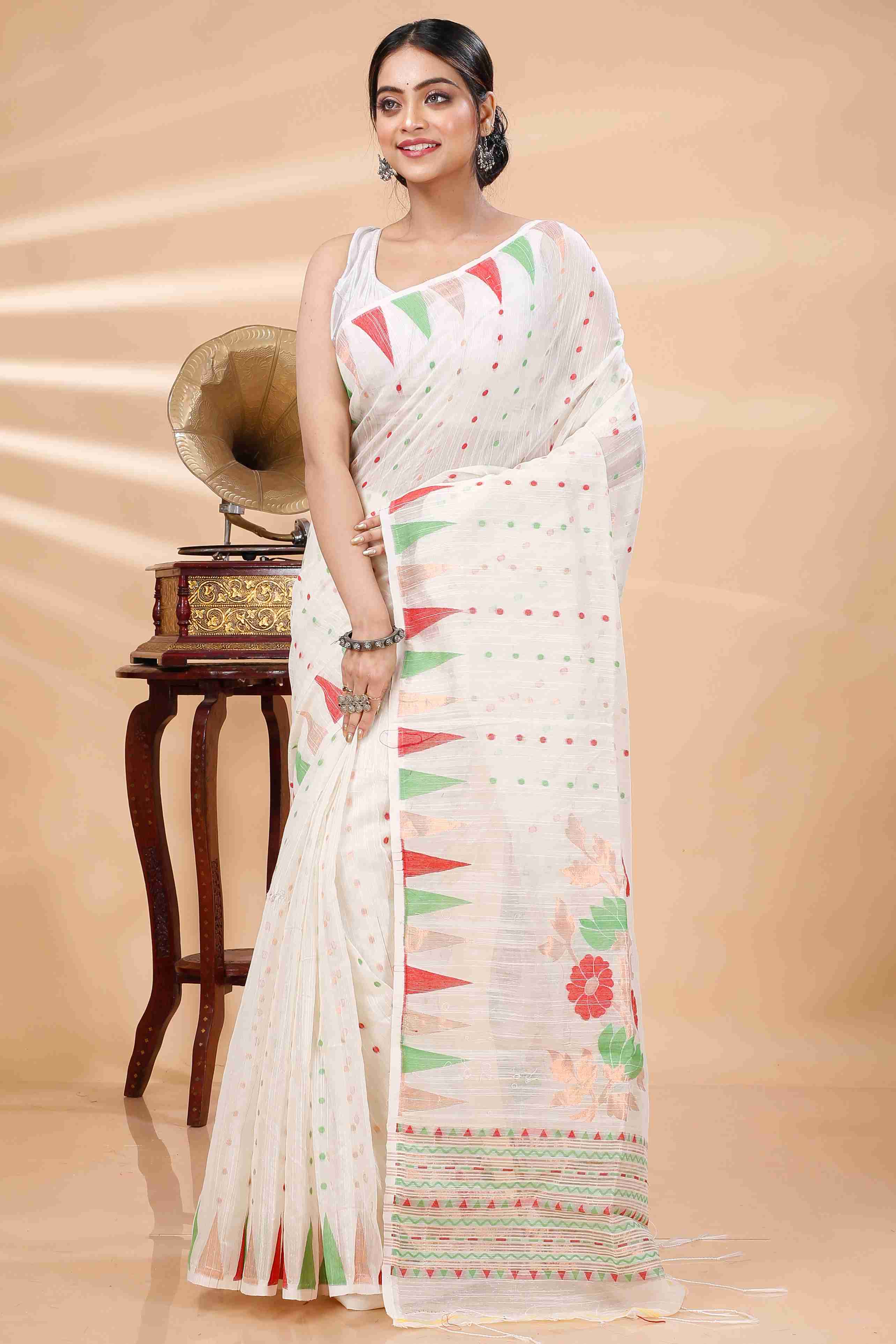 White Blended Cotton Pilu Hand Loom Saree (1404)