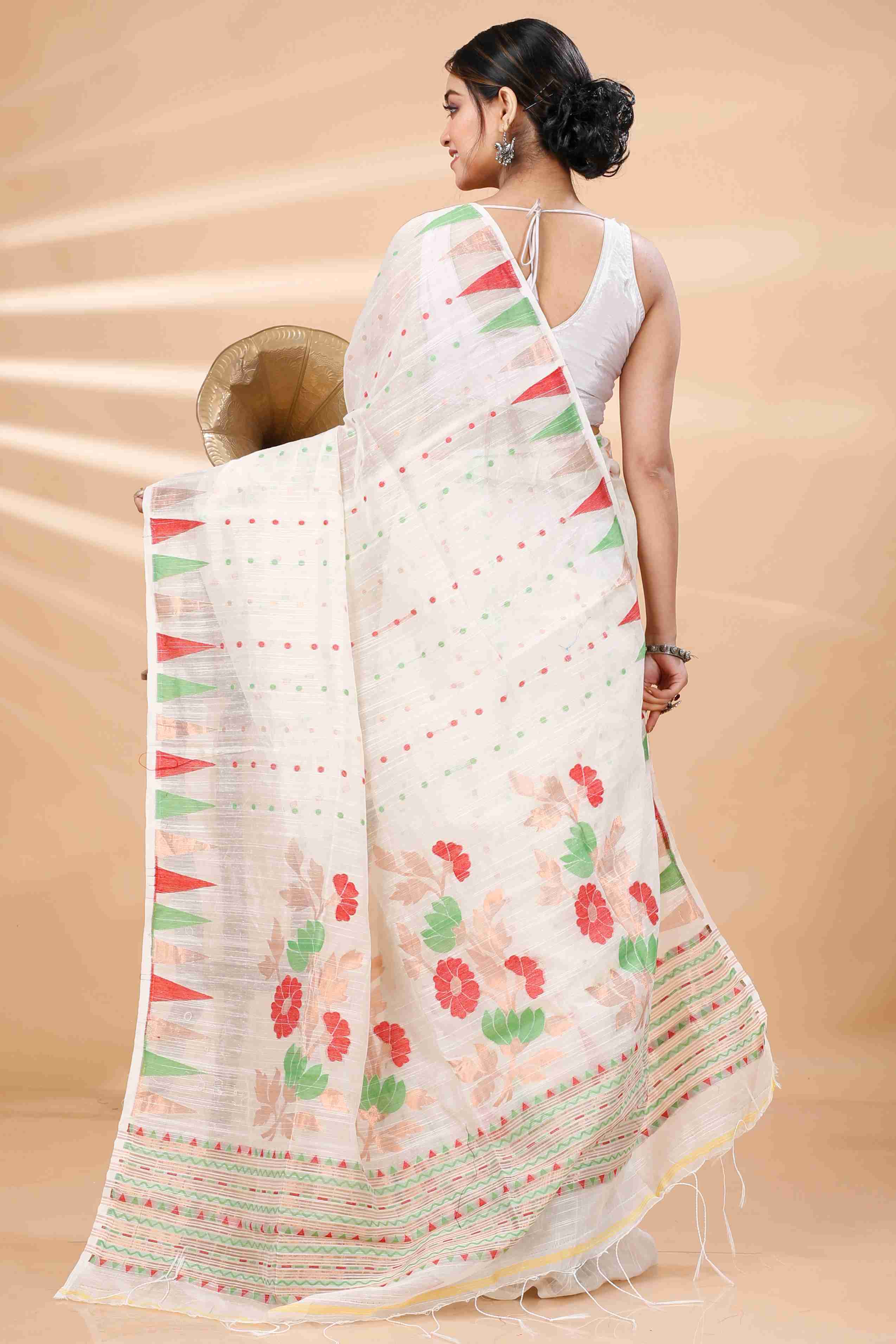 White Blended Cotton Pilu Hand Loom Saree (1404)
