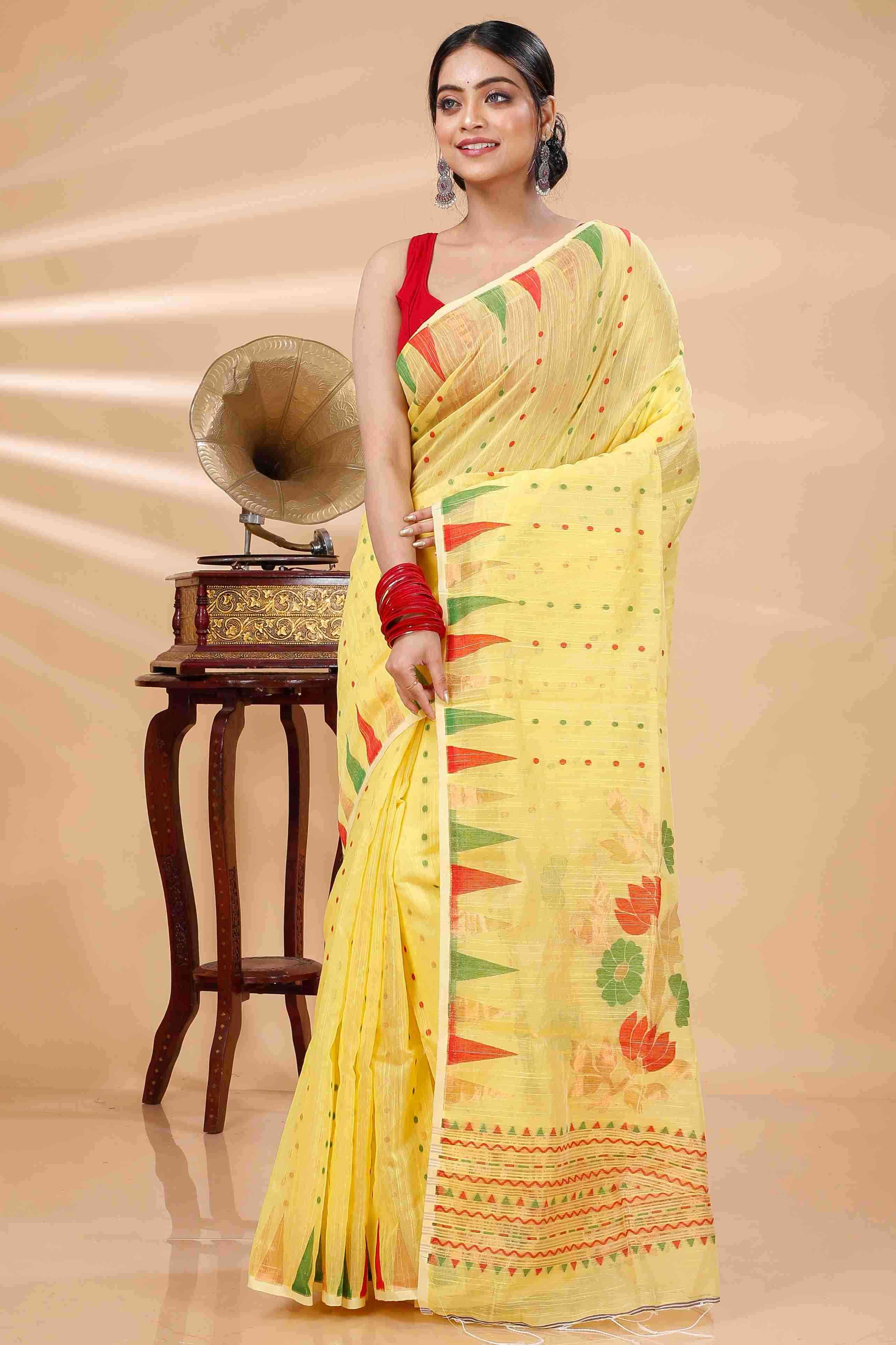 Yellow Blended Cotton Pilu Hand Loom Saree (1405)
