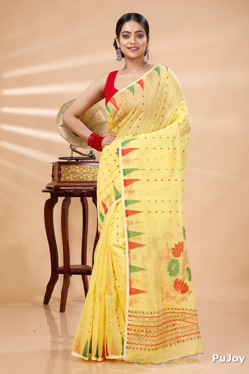 Yellow Blended Cotton Pilu Hand Loom Saree (1405)