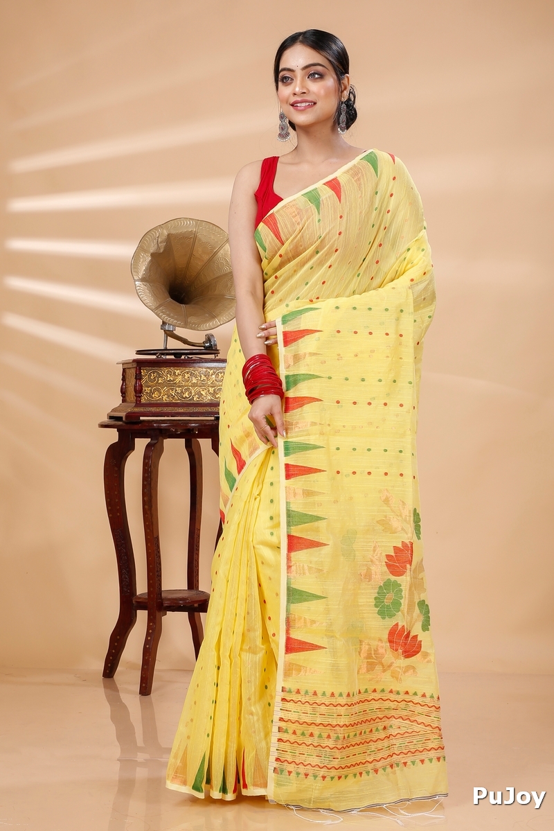 Yellow Blended Cotton Pilu Hand Loom Saree (1405)