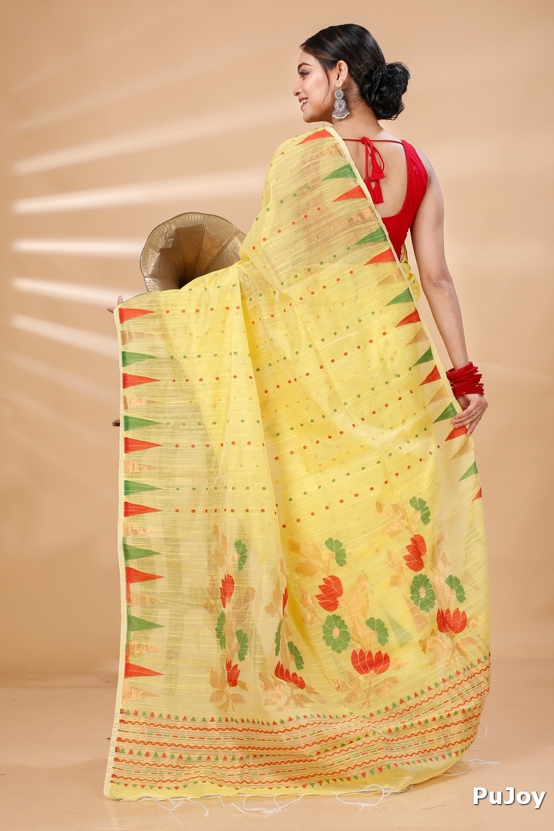 Yellow Blended Cotton Pilu Hand Loom Saree (1405)