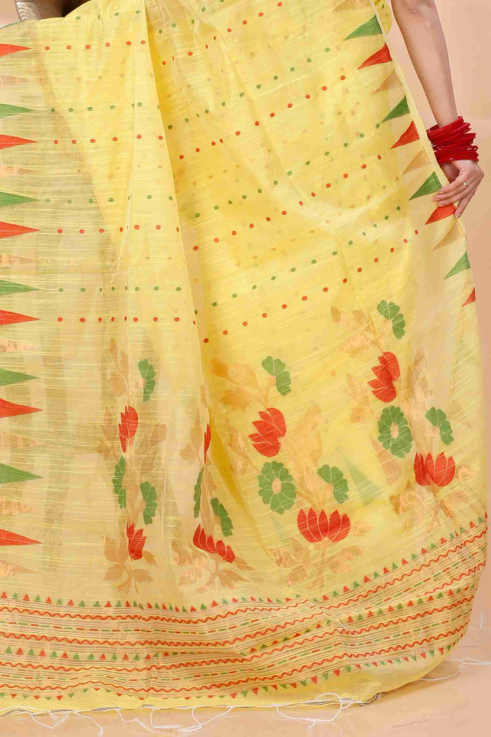 Yellow Blended Cotton Pilu Hand Loom Saree (1405)