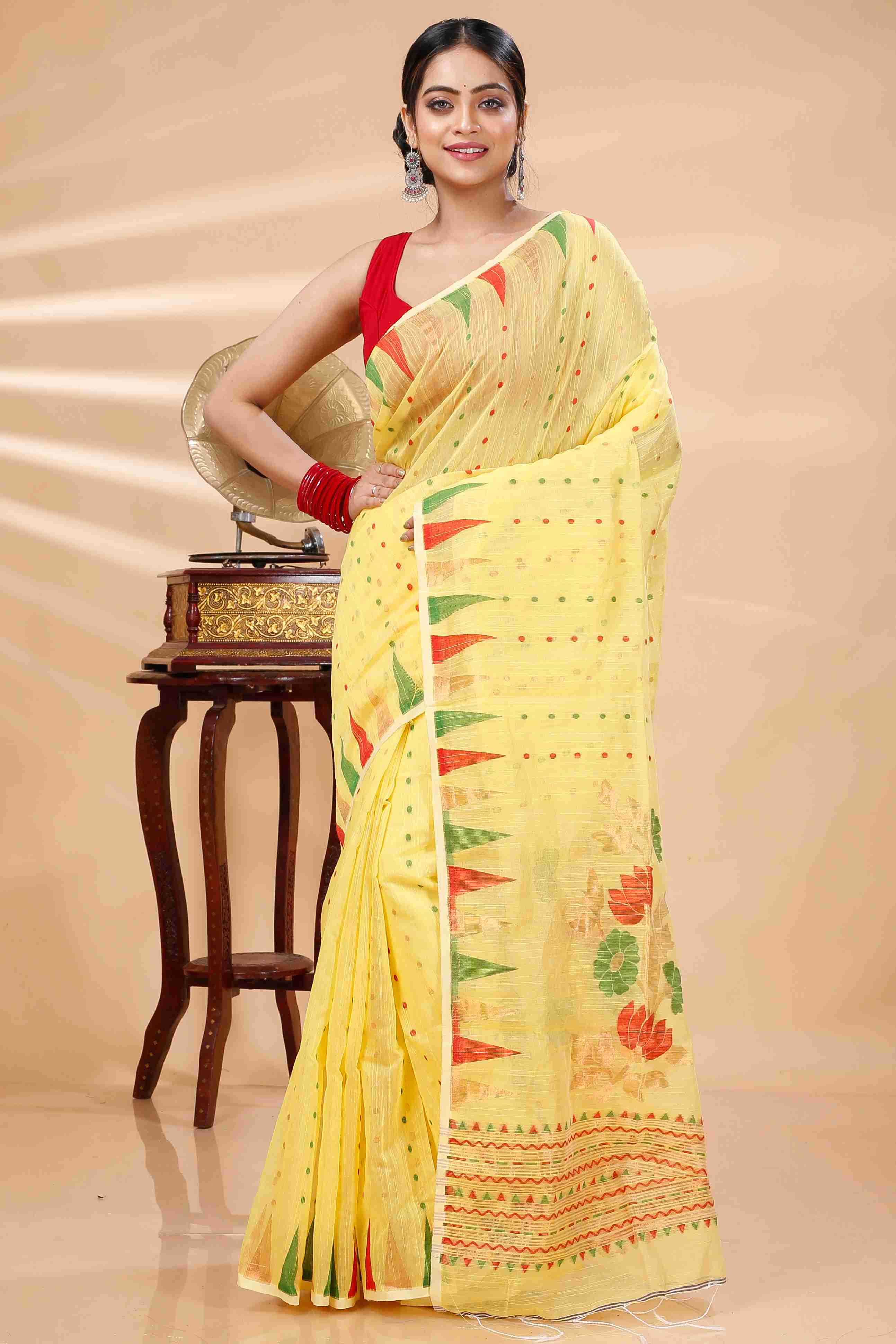 Yellow Blended Cotton Pilu Hand Loom Saree (1405)