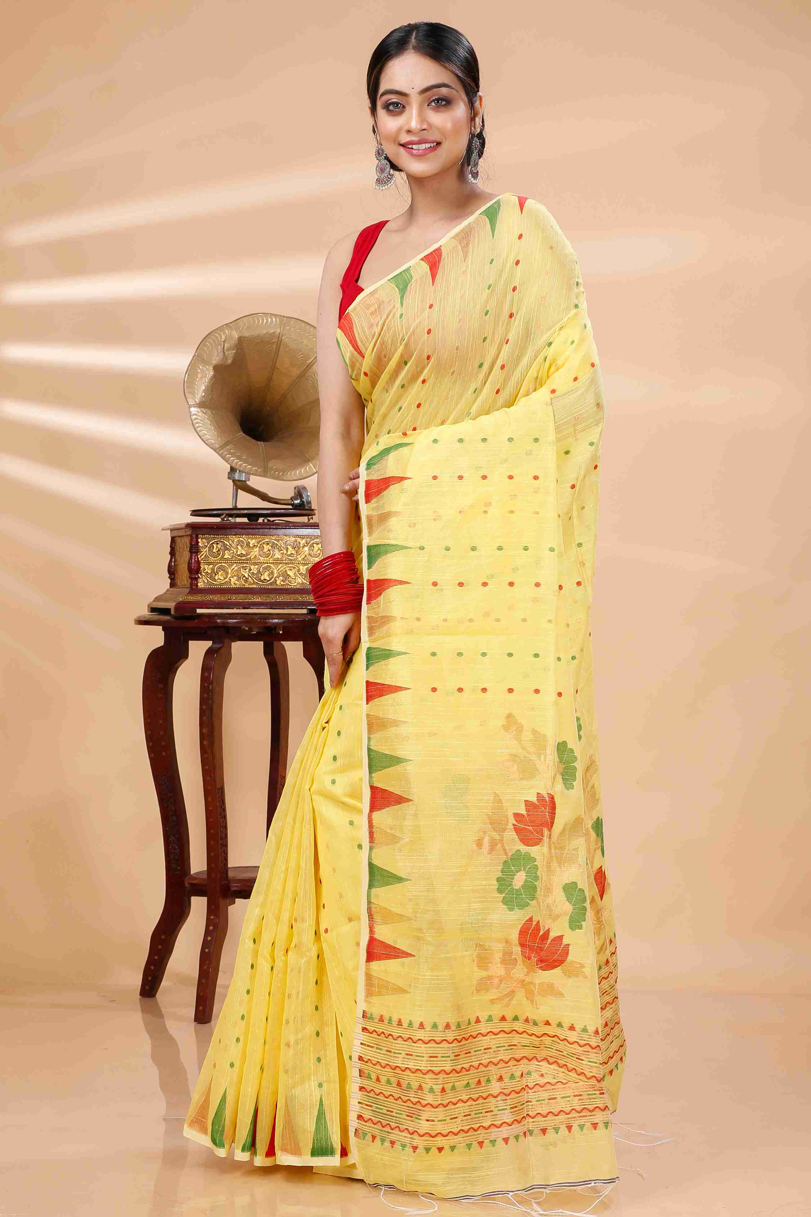 Yellow Blended Cotton Pilu Hand Loom Saree (1405)
