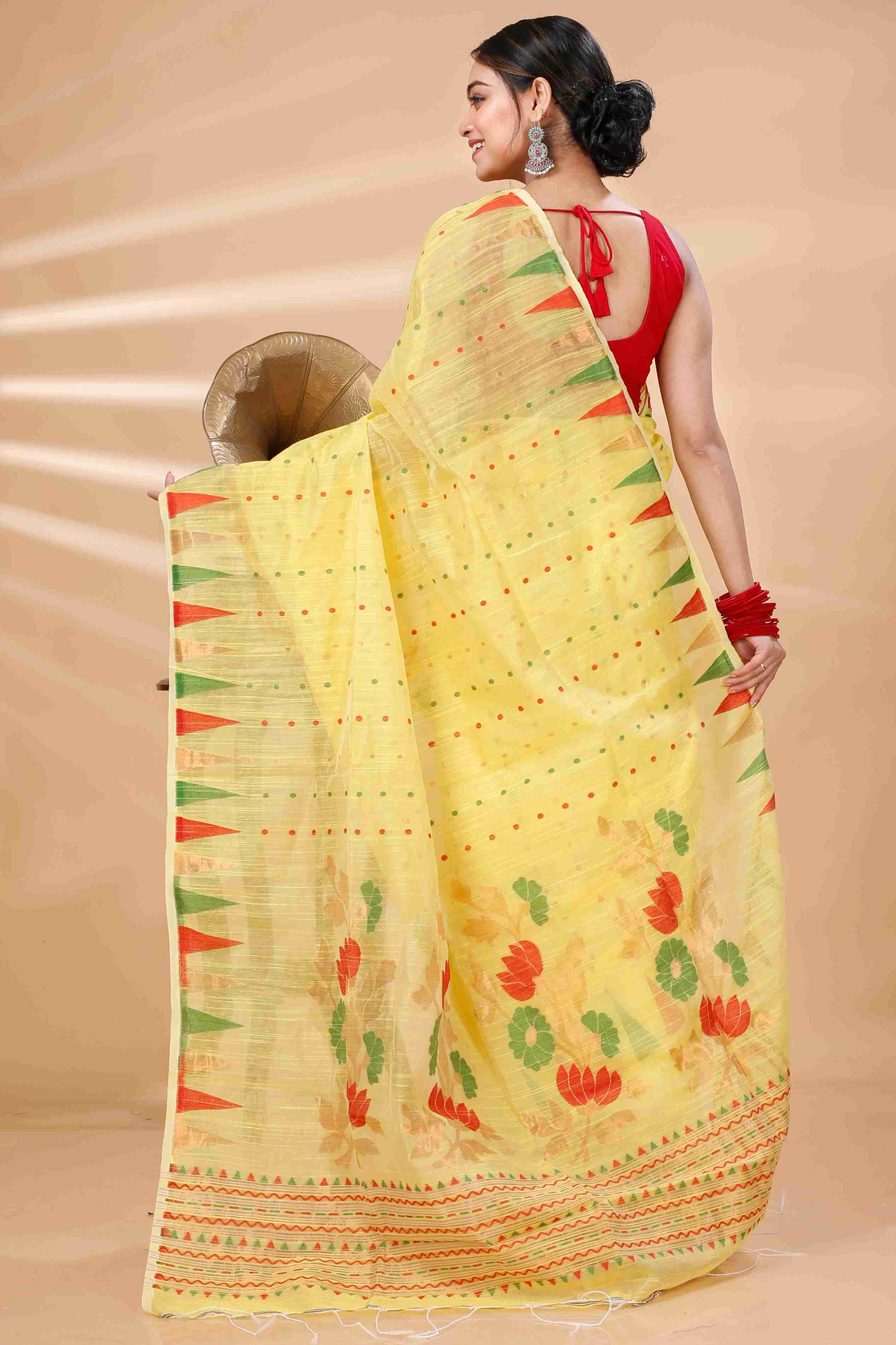 Yellow Blended Cotton Pilu Hand Loom Saree (1405)