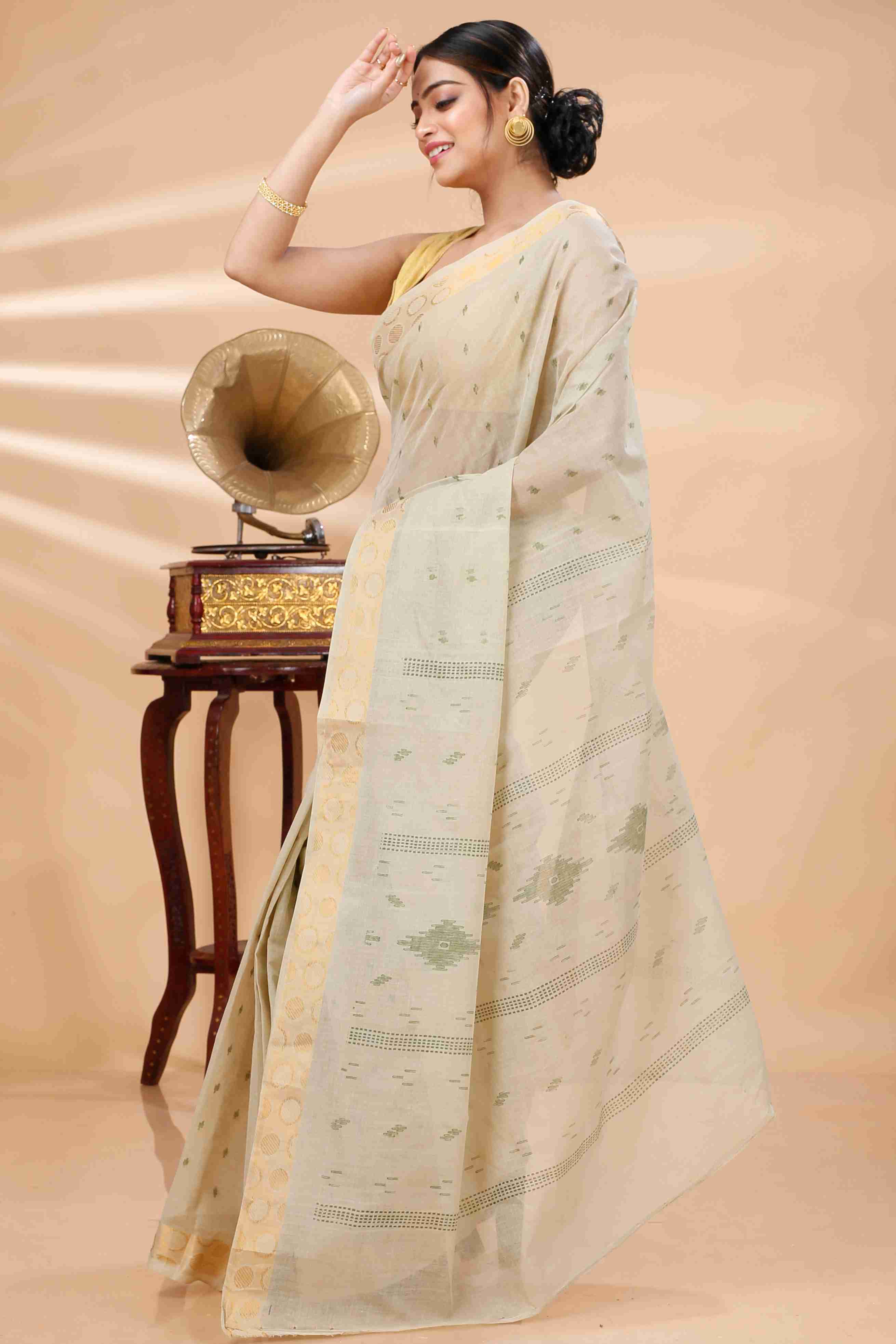 Cream Pure Cotton Porna Tant Saree Print (1406)