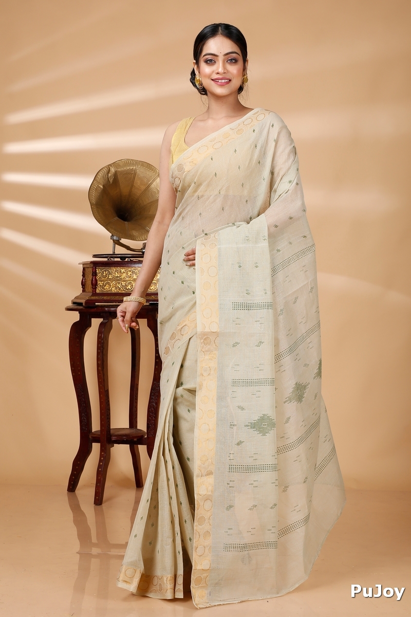 Cream Pure Cotton Porna Tant Saree Print (1406)