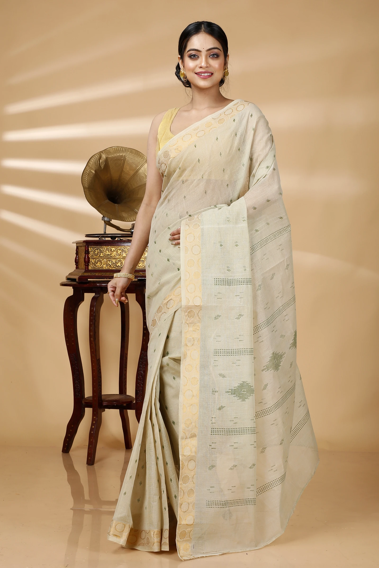 Cream Pure Cotton Porna Tant Saree Print (1406)