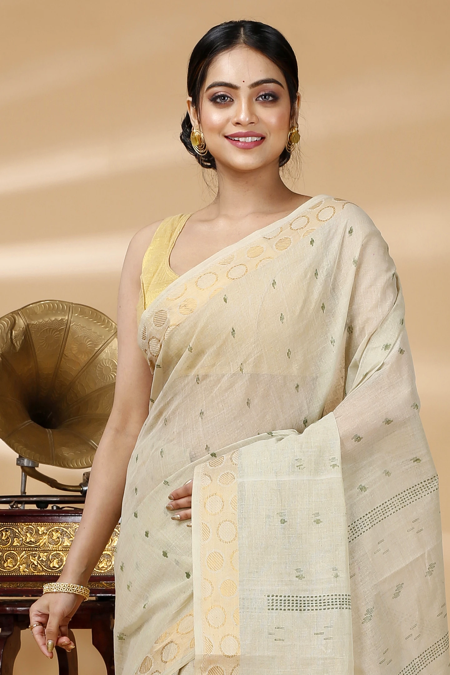 Cream Pure Cotton Porna Tant Saree Print (1406)