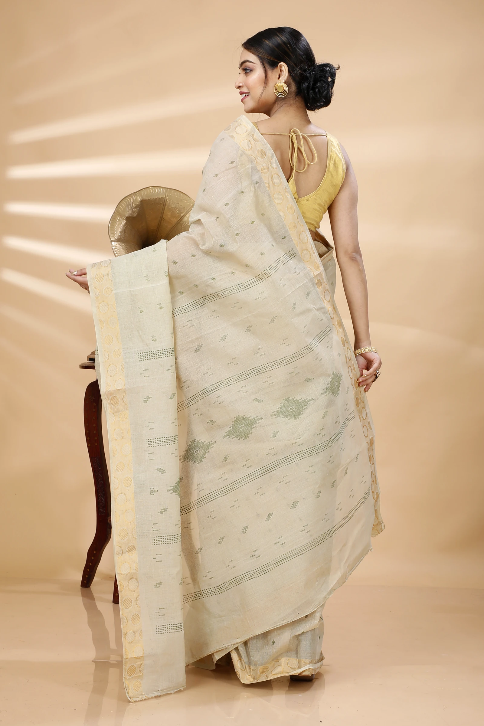 Cream Pure Cotton Porna Tant Saree Print (1406)
