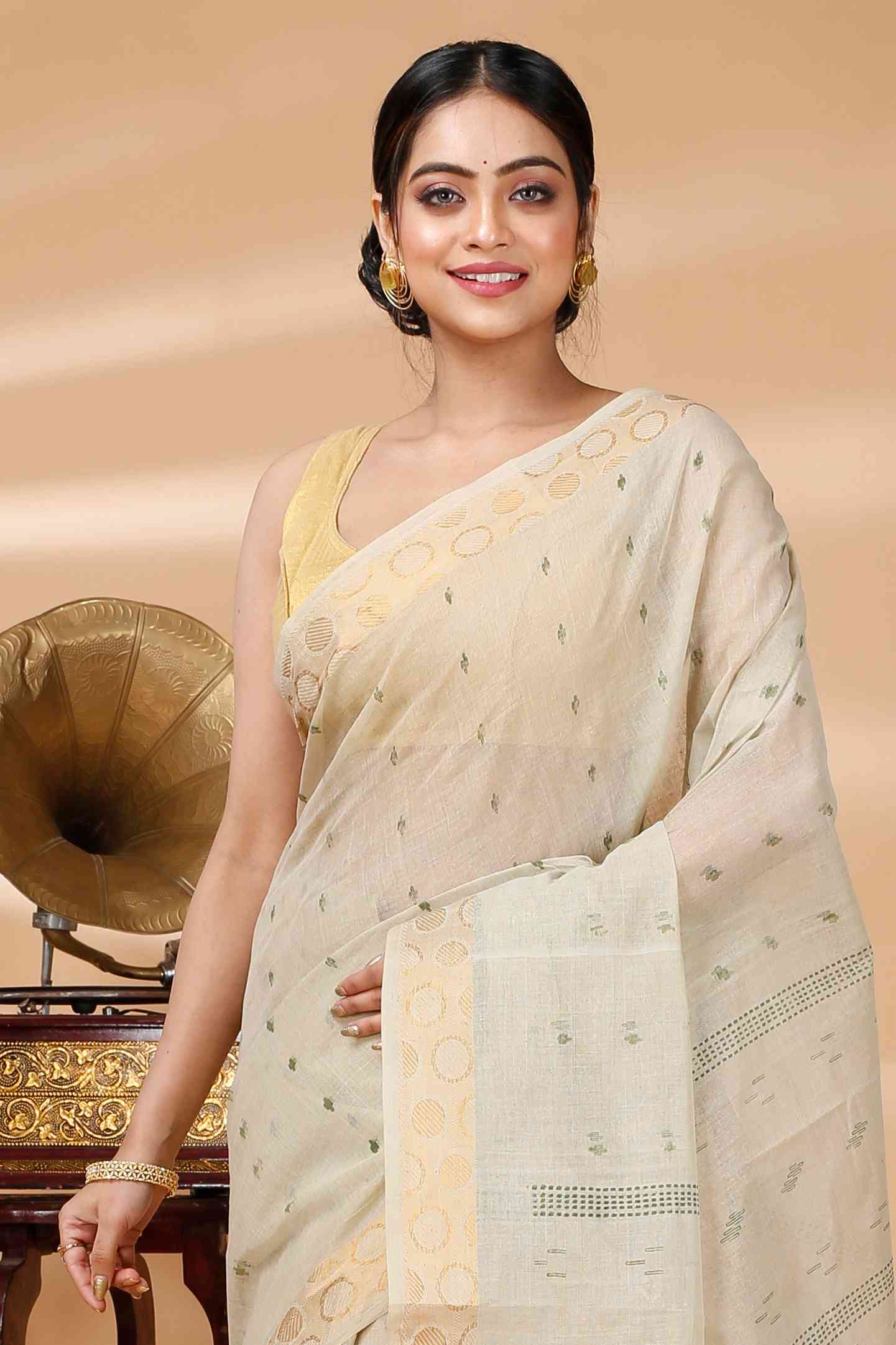 Cream Pure Cotton Porna Tant Saree Print (1406)