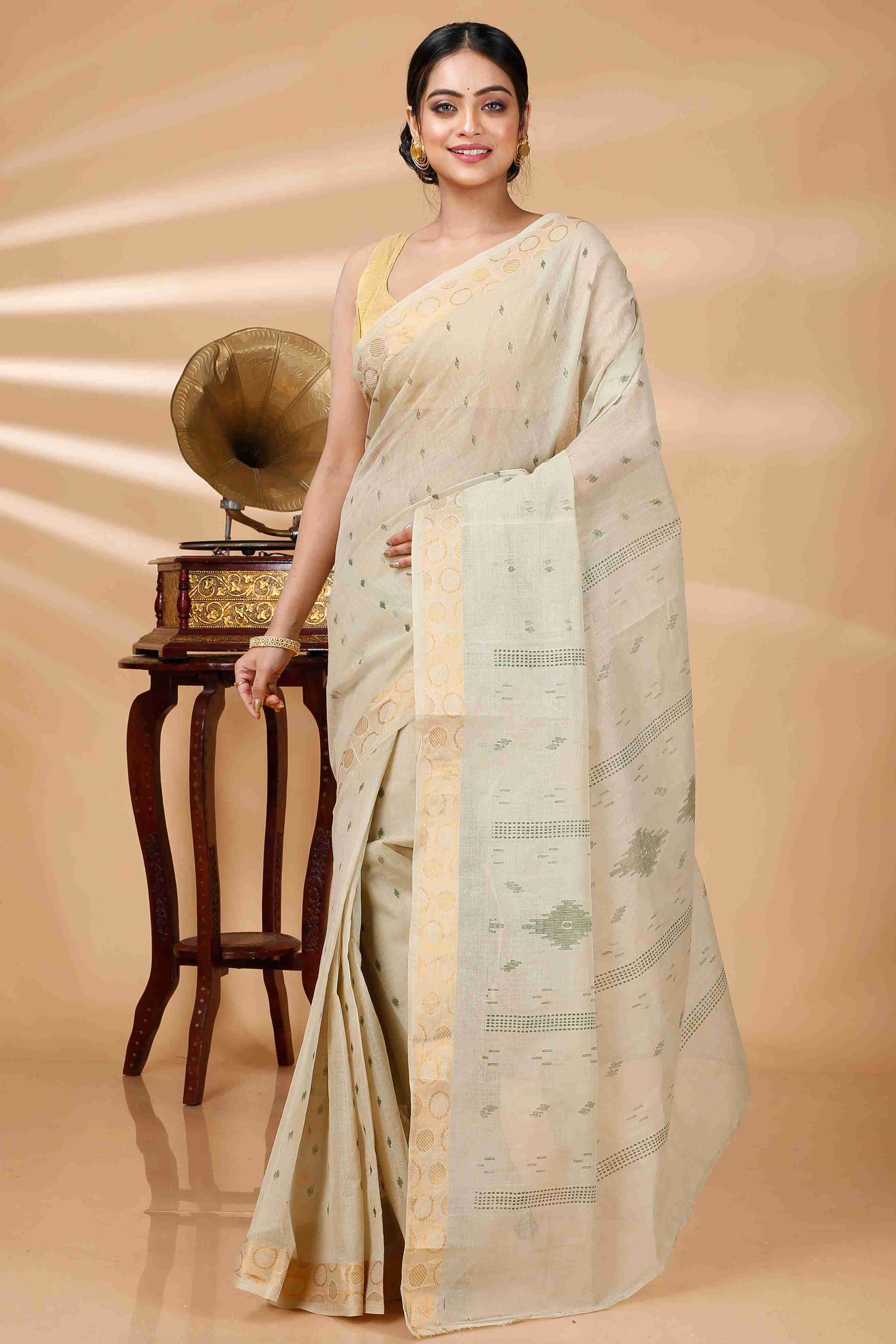 Cream Pure Cotton Porna Tant Saree Print (1406)