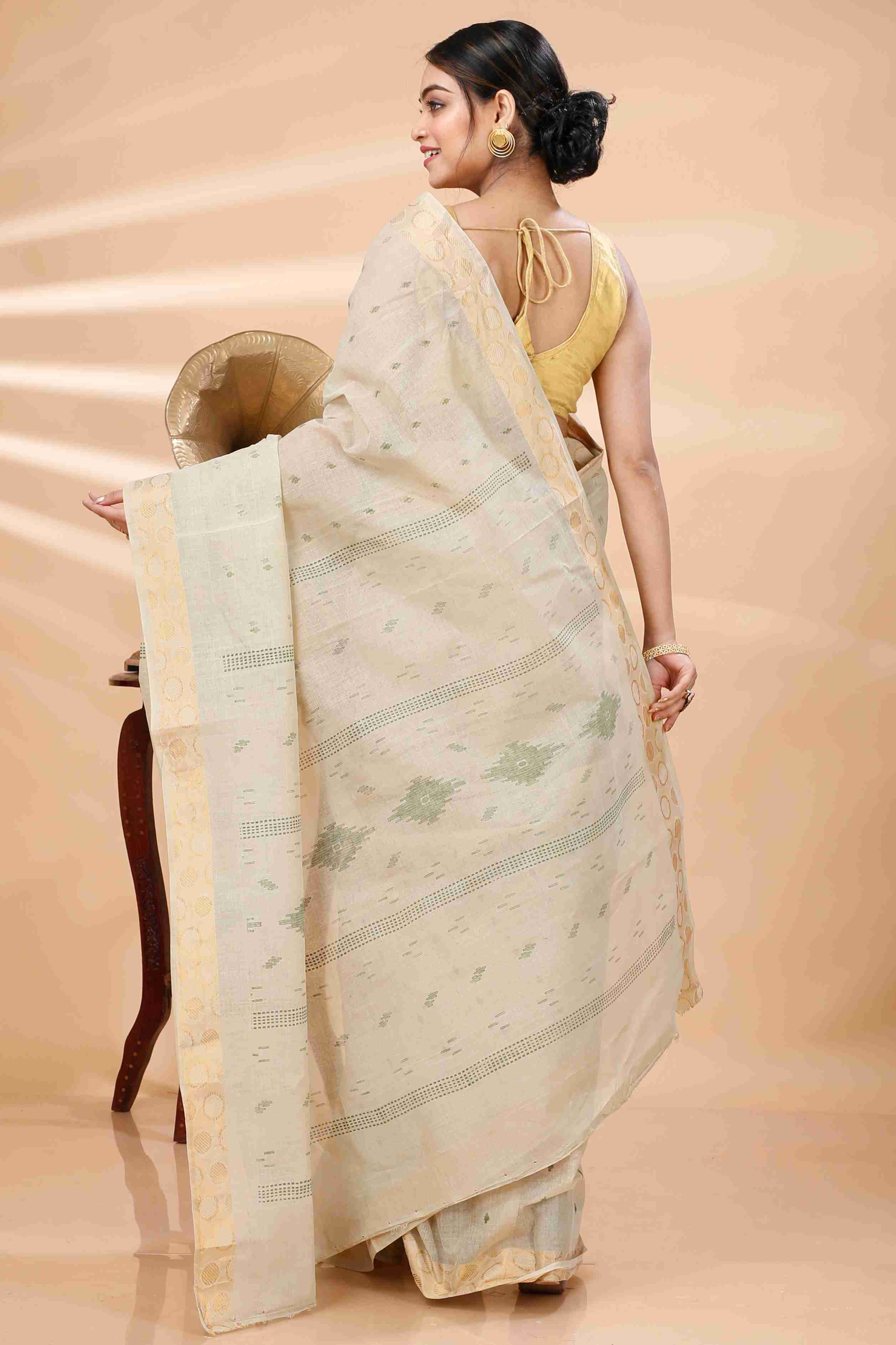 Cream Pure Cotton Porna Tant Saree Print (1406)