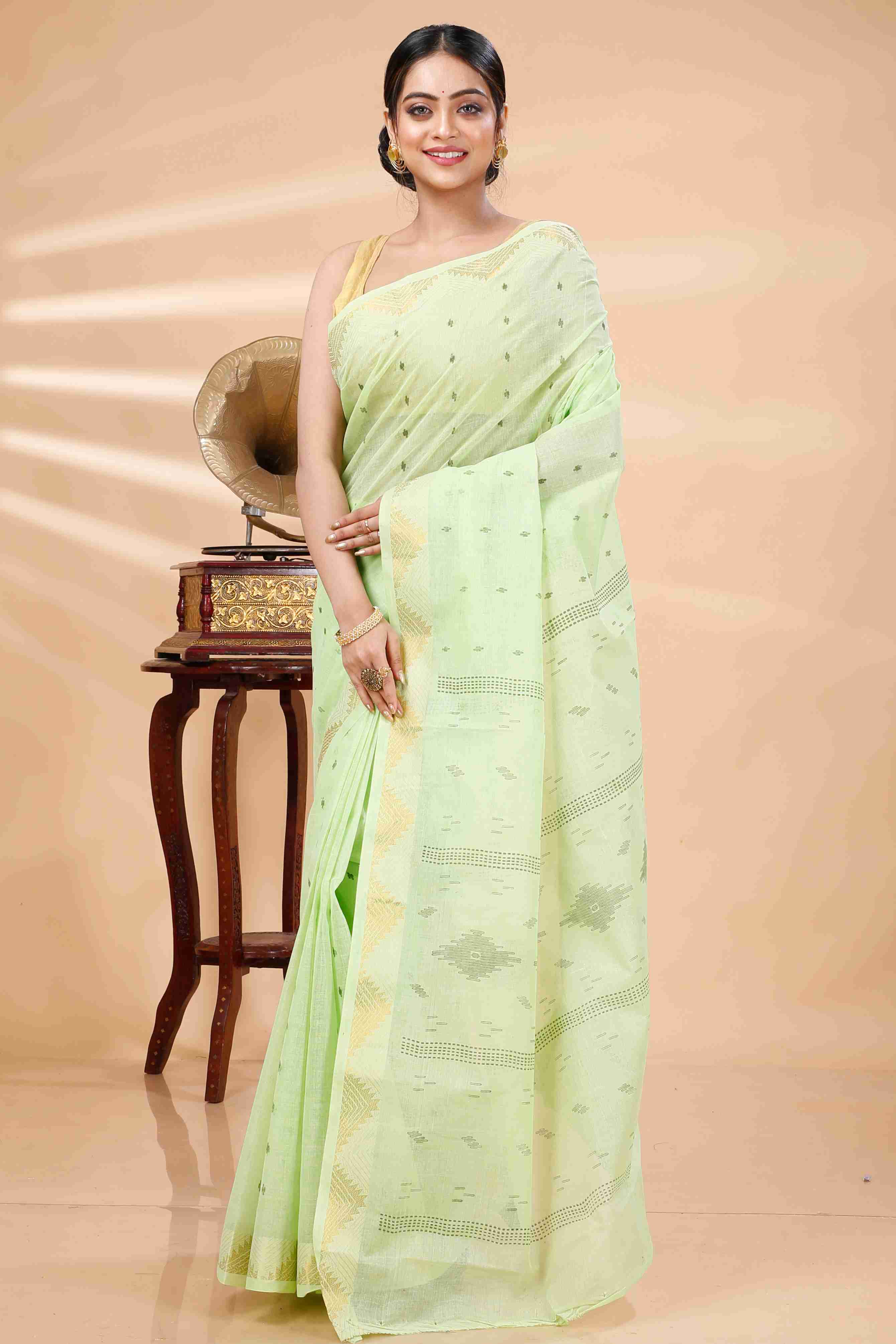Light Green Pure Cotton Porna Tant Saree Print (1408)