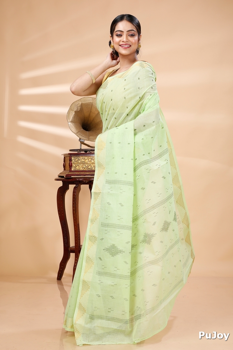 Light Green Pure Cotton Porna Tant Saree Print (1408)
