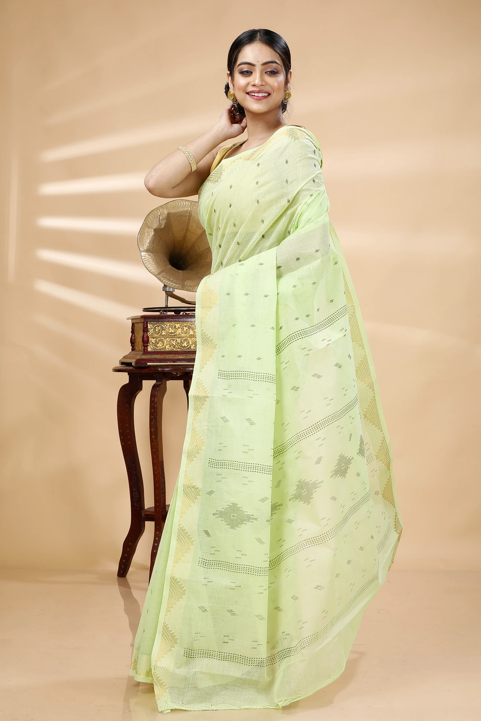 Light Green Pure Cotton Porna Tant Saree Print (1408)