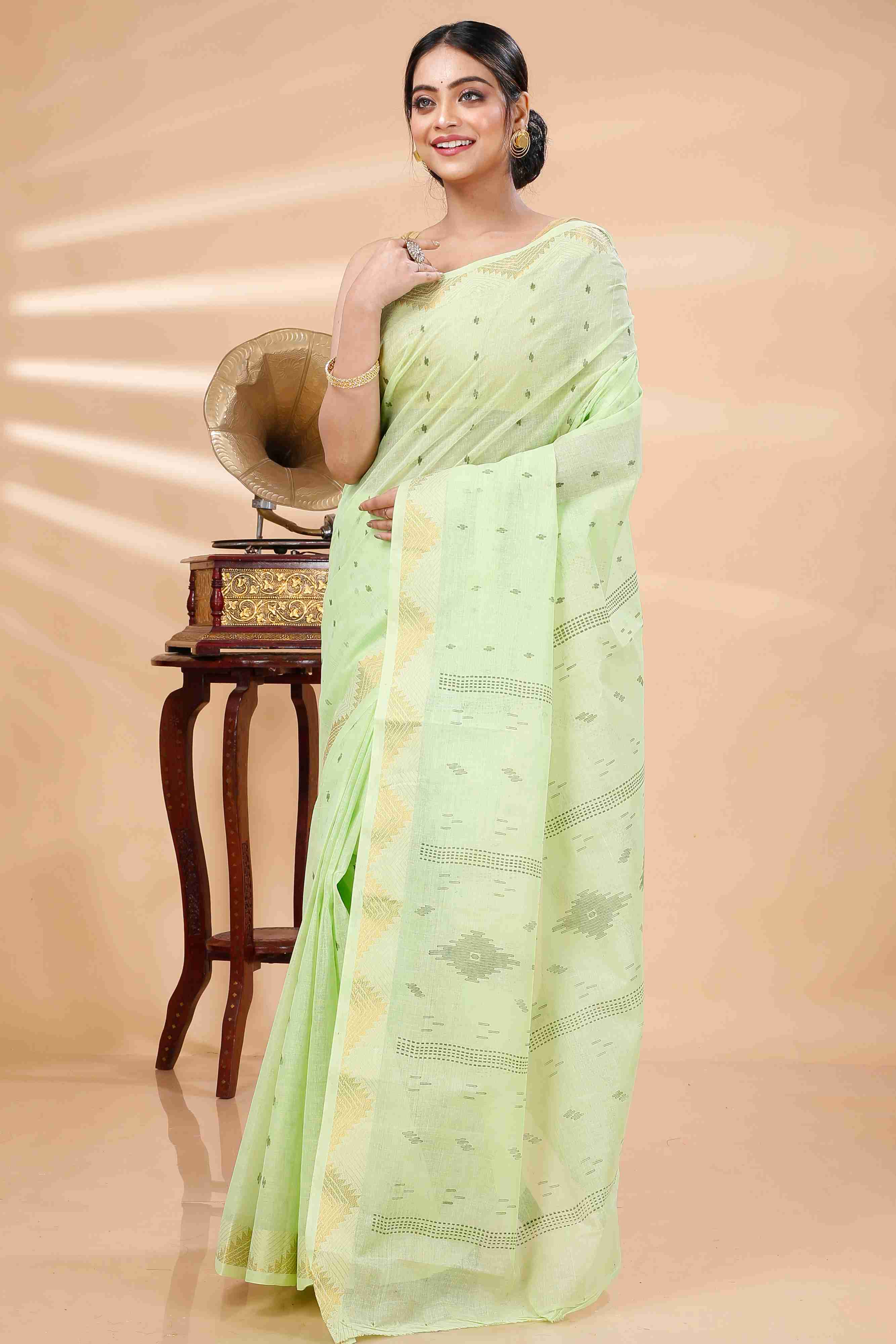 Light Green Pure Cotton Porna Tant Saree Print (1408)