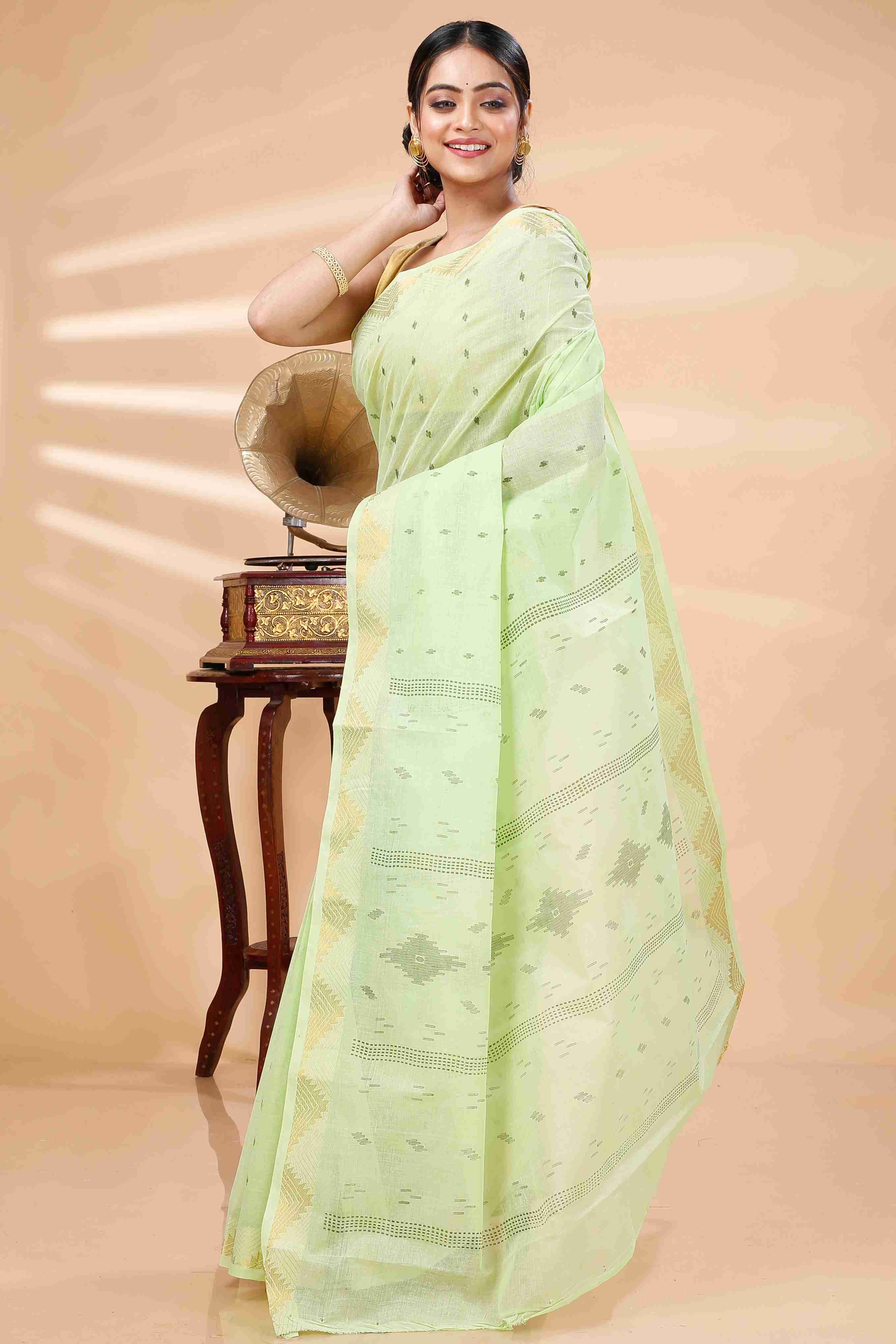 Light Green Pure Cotton Porna Tant Saree Print (1408)