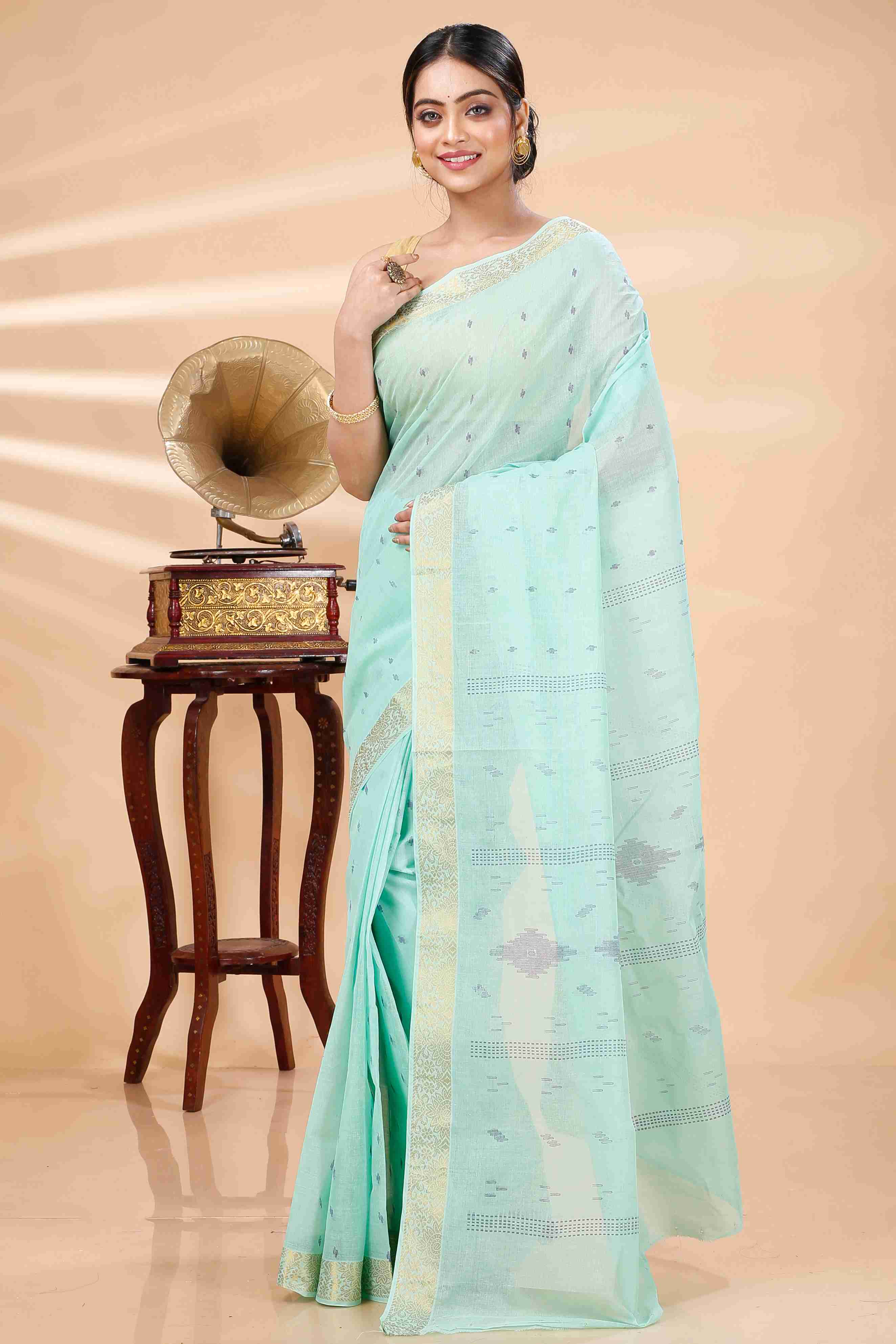 Light Green Pure Cotton Porna Tant Saree Print (1410)