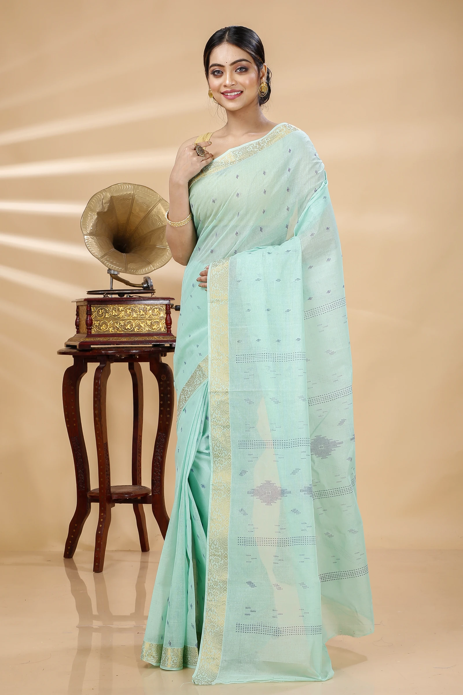 Light Green Pure Cotton Porna Tant Saree Print (1410)