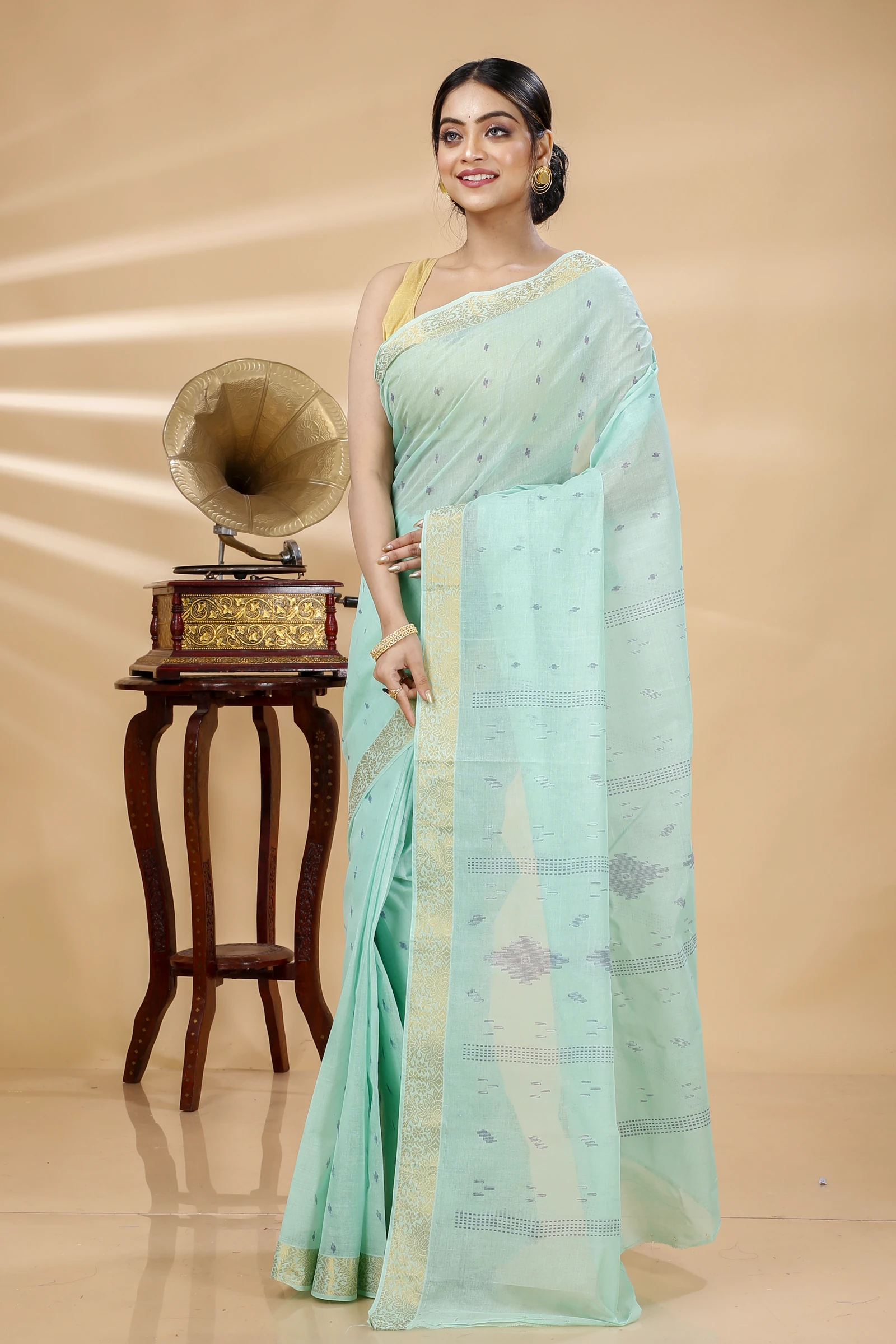 Light Green Pure Cotton Porna Tant Saree Print (1410)