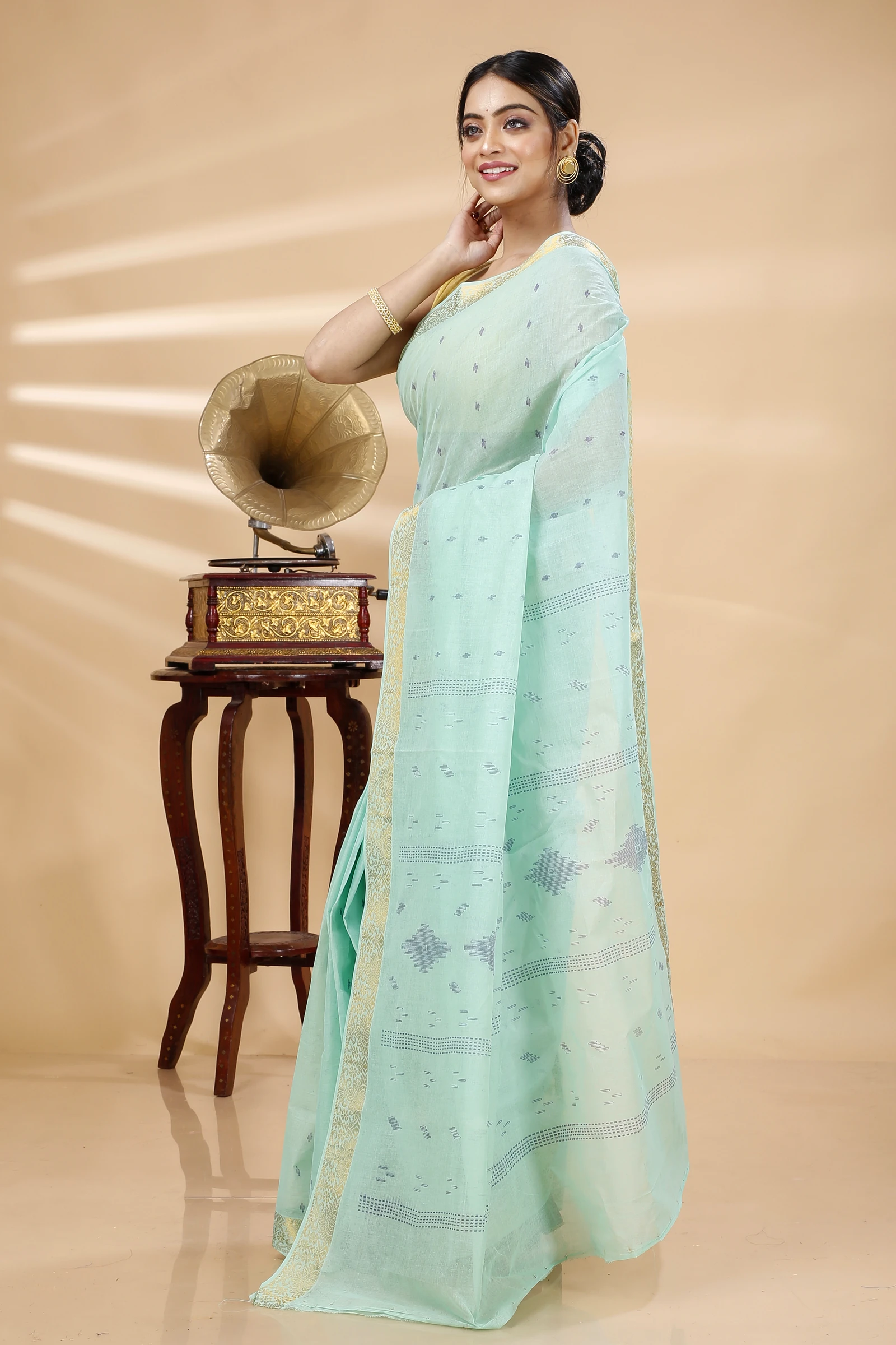 Light Green Pure Cotton Porna Tant Saree Print (1410)