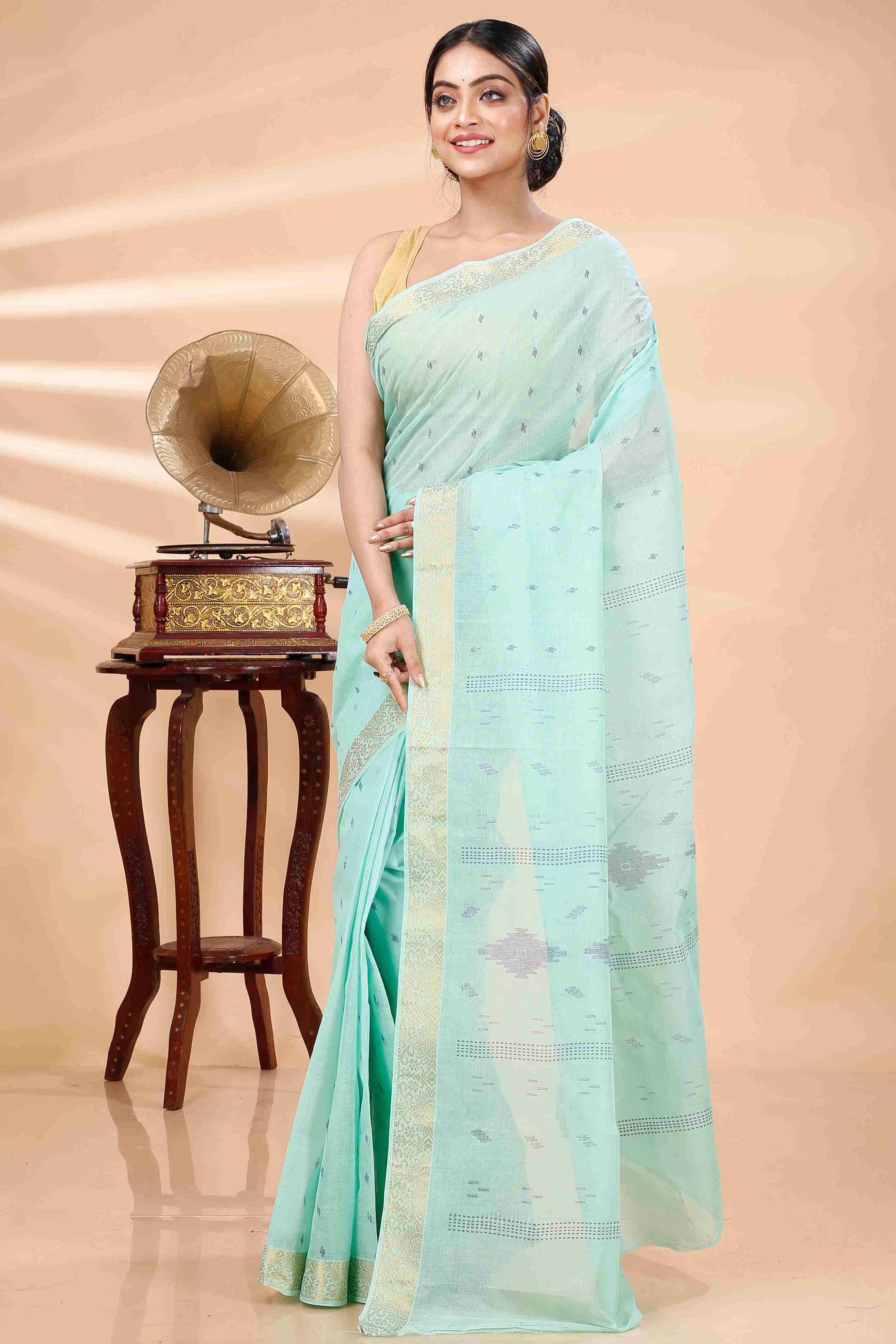 Light Green Pure Cotton Porna Tant Saree Print (1410)