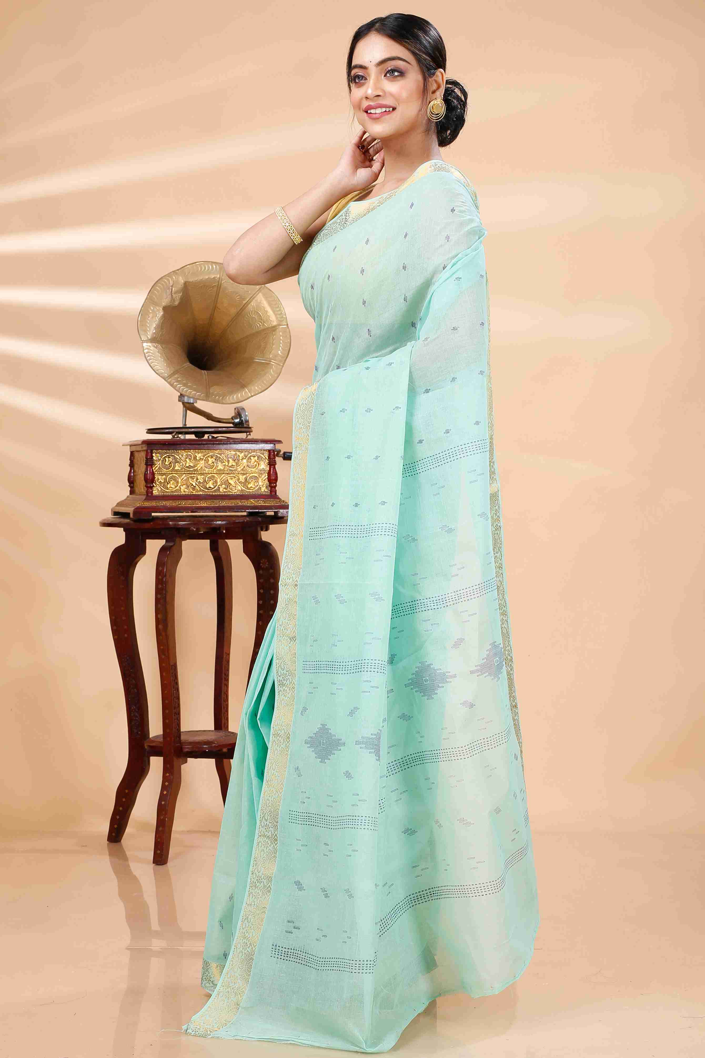 Light Green Pure Cotton Porna Tant Saree Print (1410)