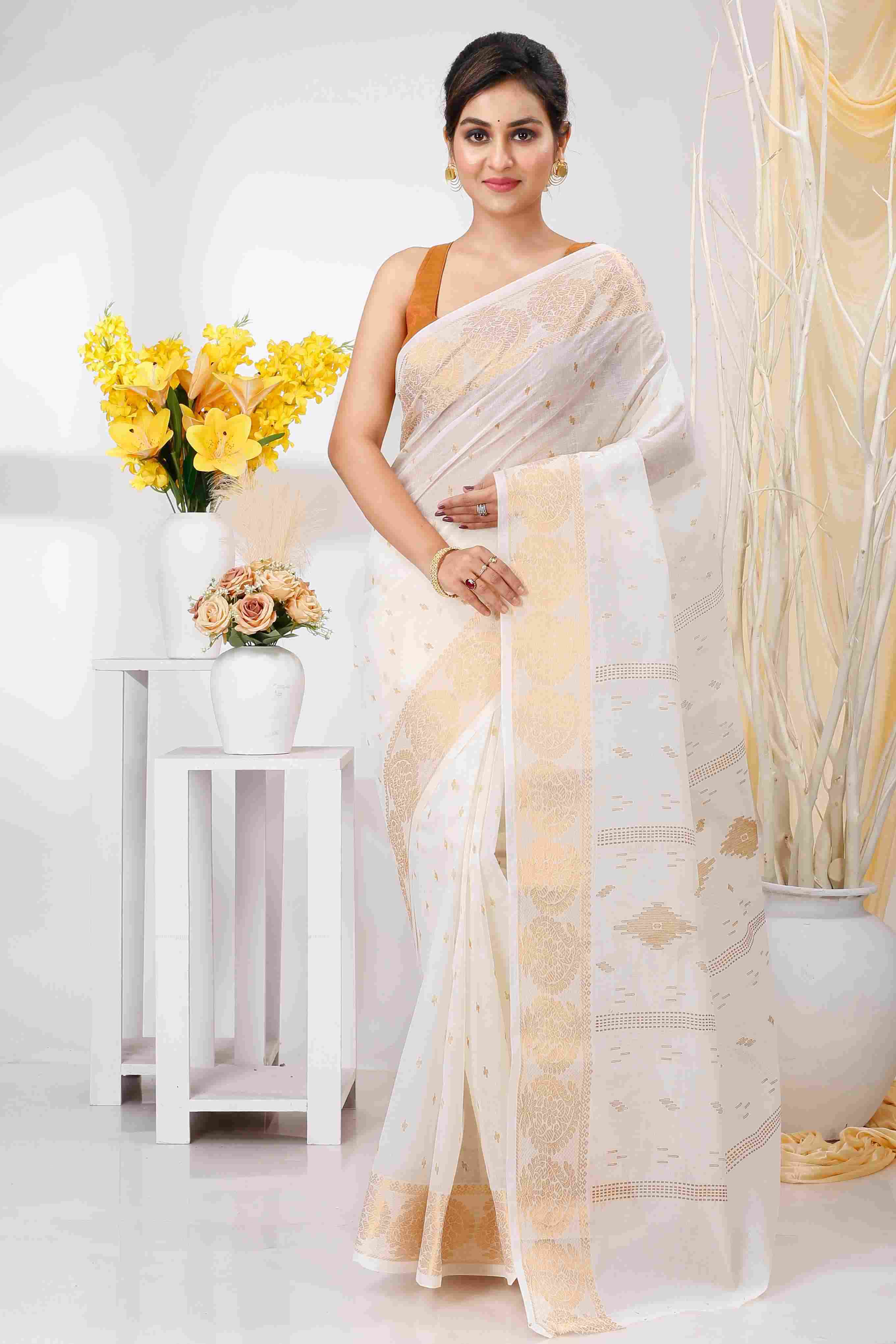 White Brown Pure Cotton Levi Tant Saree Print (1411)