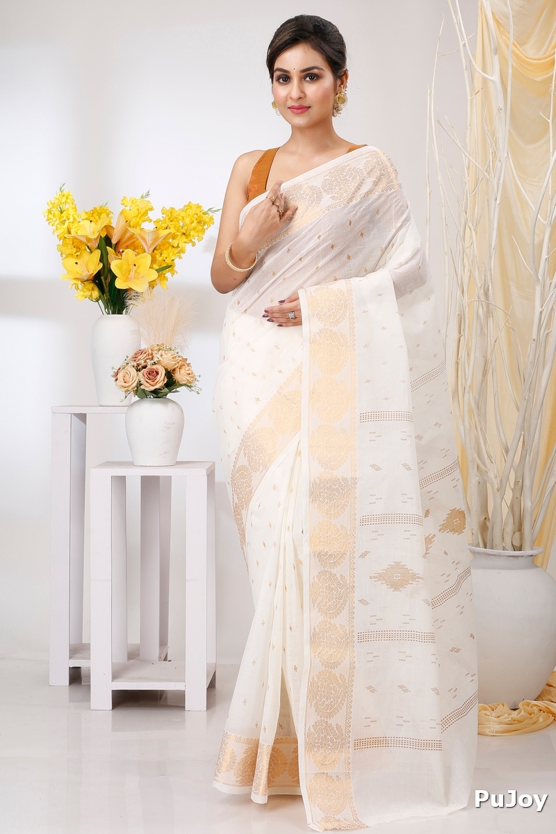 White Brown Pure Cotton Levi Tant Saree Print (1411)