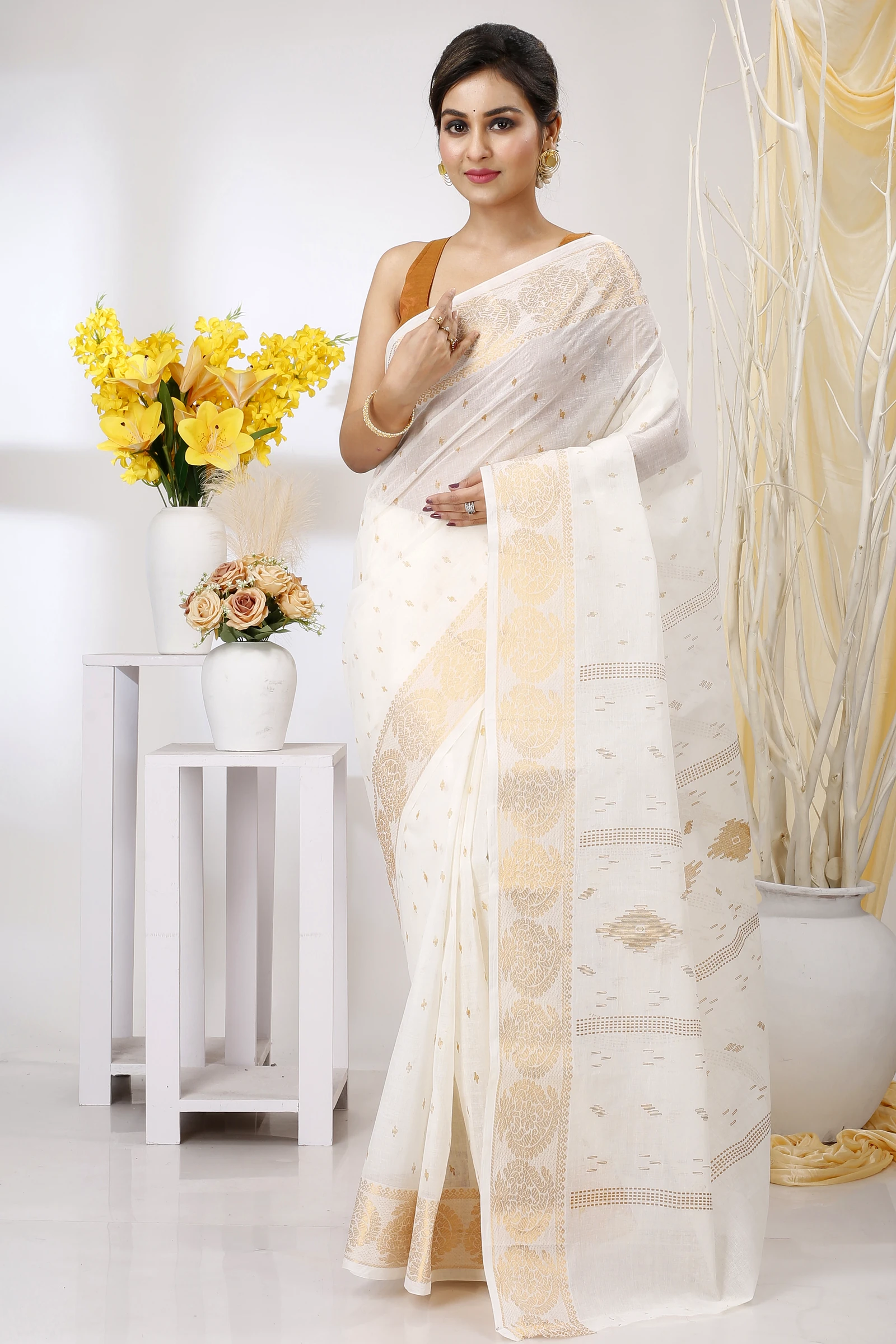 White Brown Pure Cotton Levi Tant Saree Print (1411)