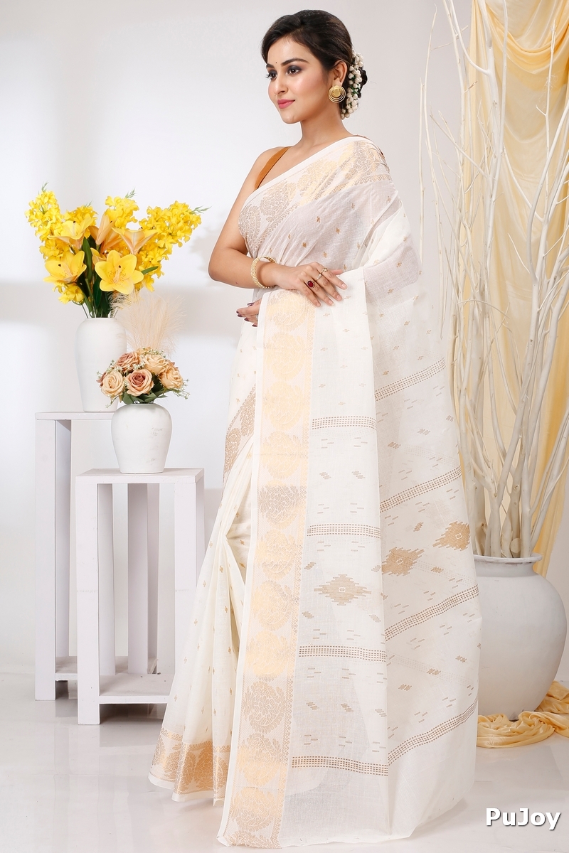 White Brown Pure Cotton Levi Tant Saree Print (1411)