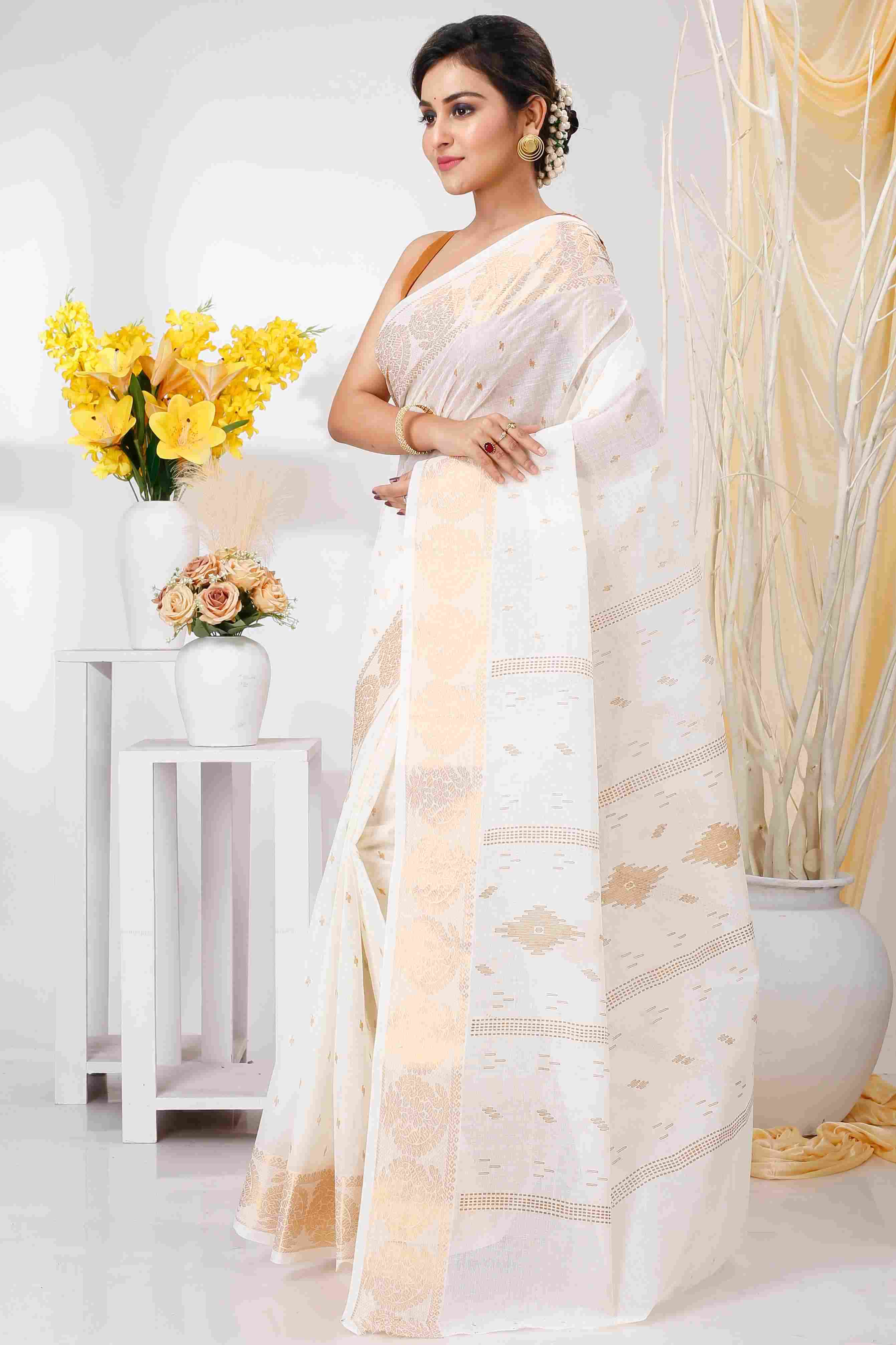 White Brown Pure Cotton Levi Tant Saree Print (1411)