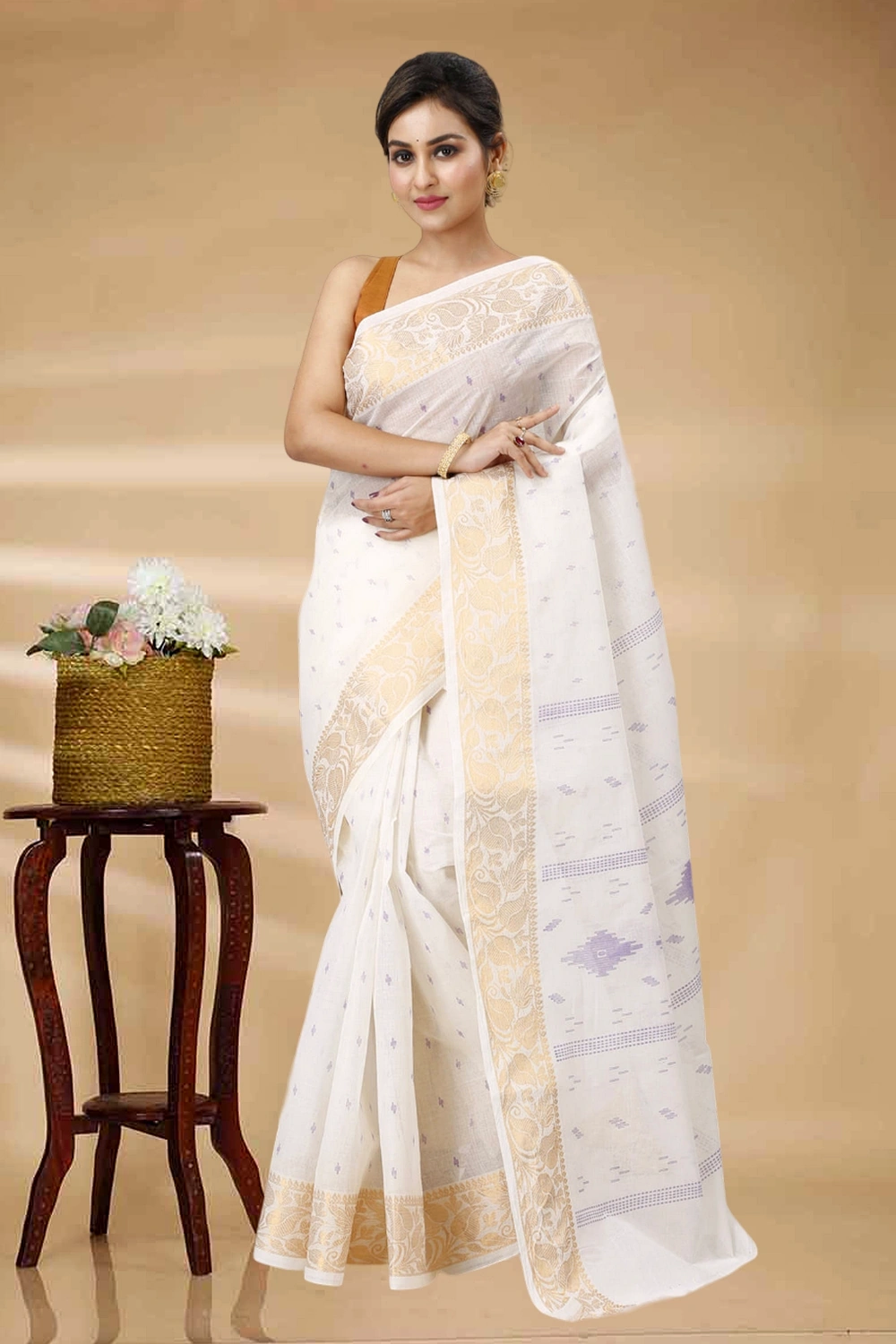 White Purpel Pure Cotton Levi Tant Saree Print (1412)