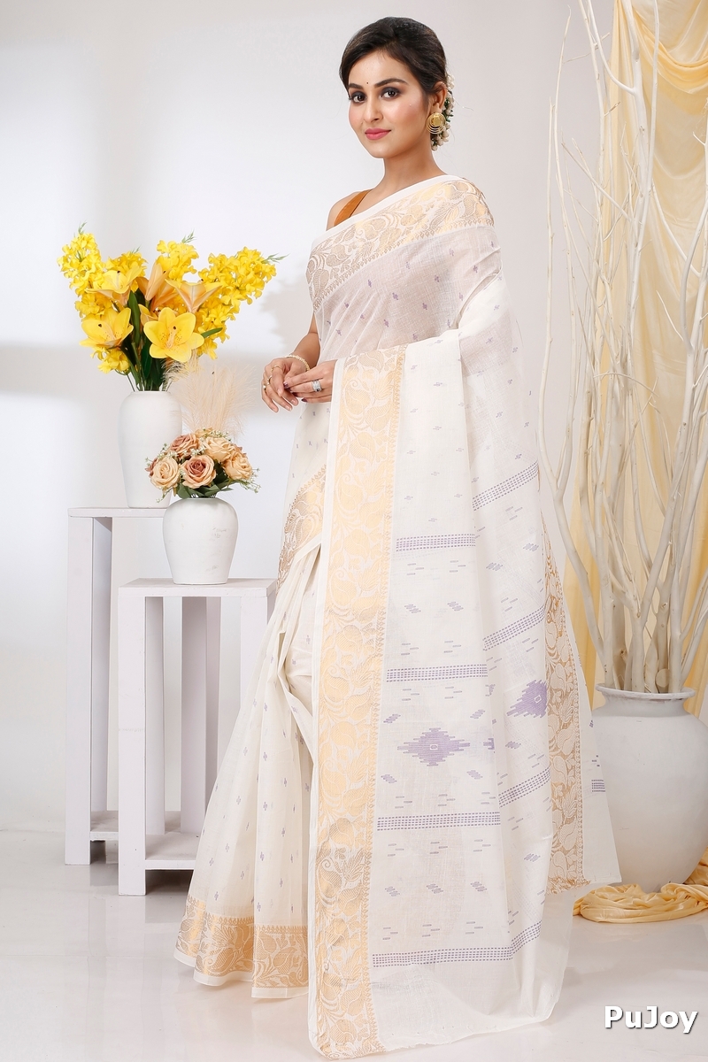 White Purpel Pure Cotton Levi Tant Saree Print (1412)