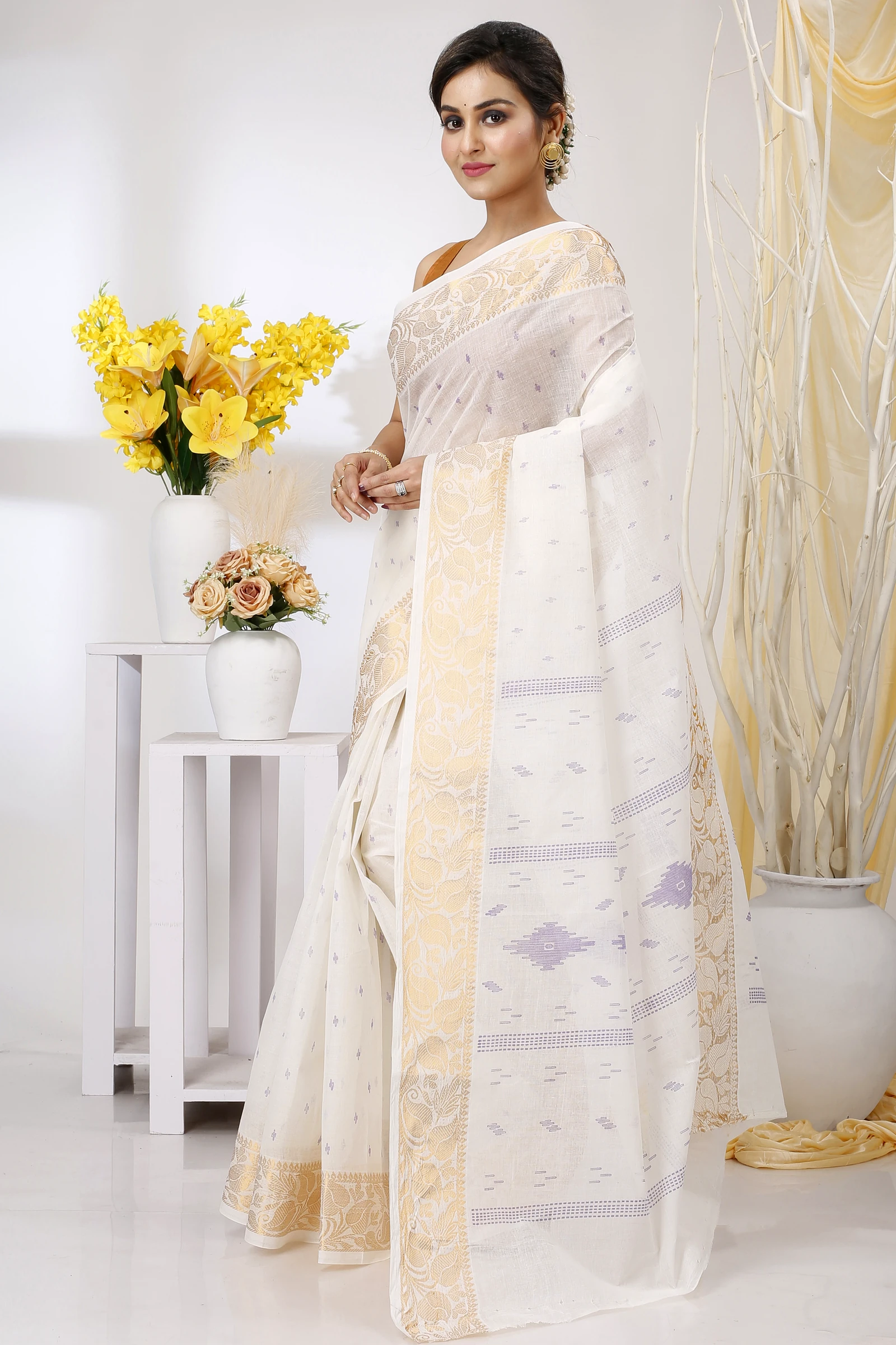 White Purpel Pure Cotton Levi Tant Saree Print (1412)