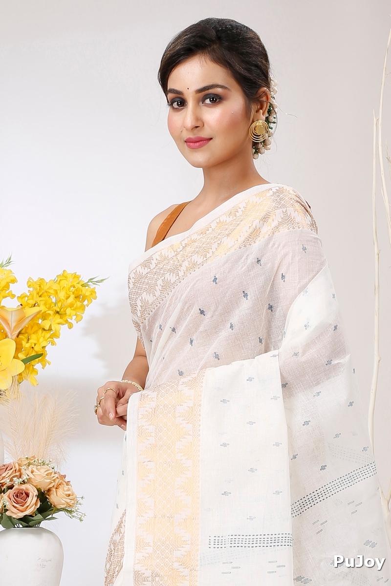 White Blue Pure Cotton Levi Tant Saree Print (1413)