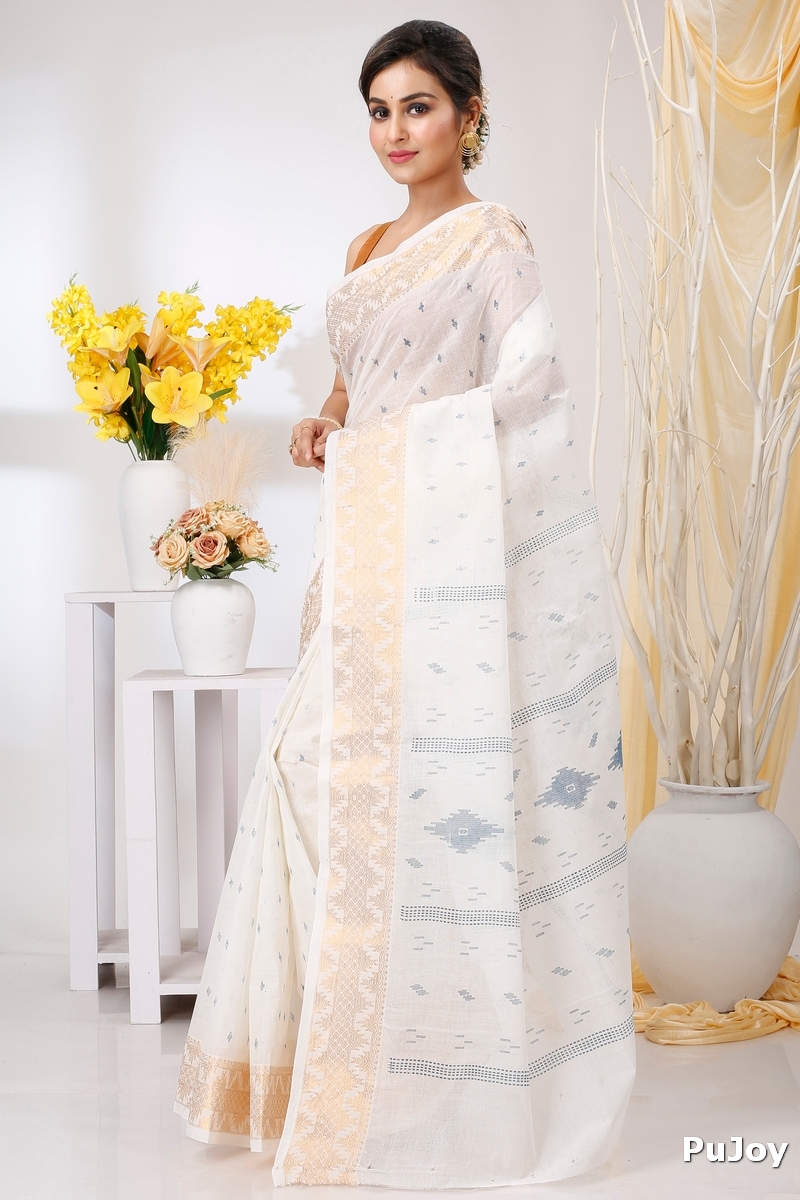 White Blue Pure Cotton Levi Tant Saree Print (1413)