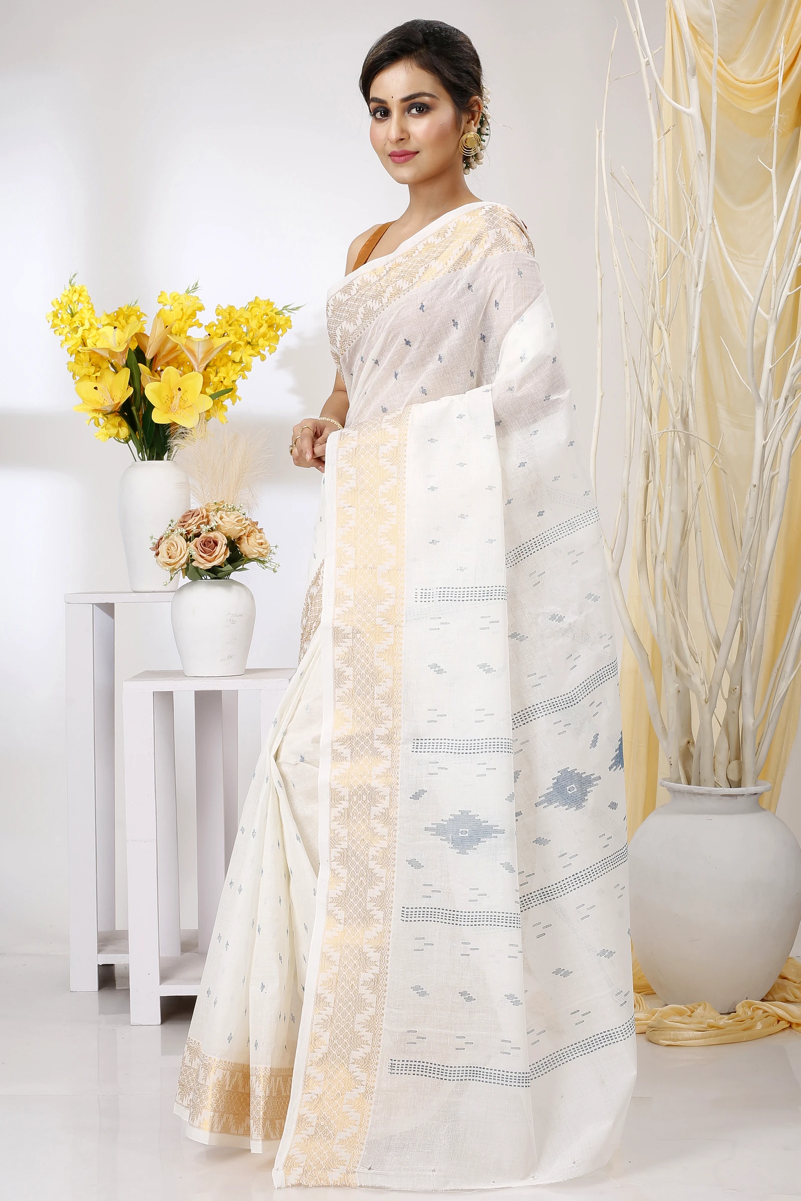 White Blue Pure Cotton Levi Tant Saree Print (1413)